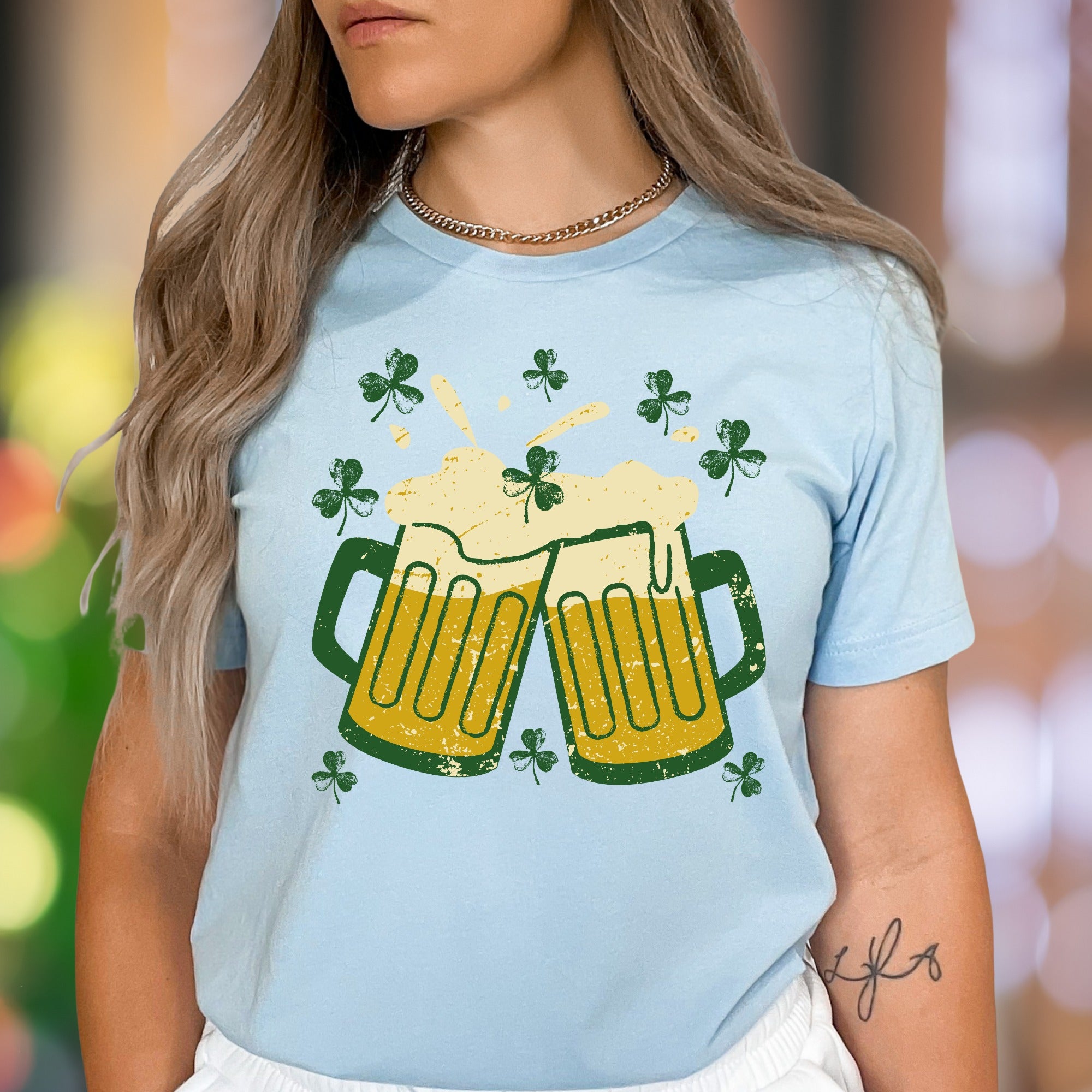 "Cheers & Shamrocks" | Distressed Graphic Unisex Adult T-Shirt | Festive Celebration Wear
