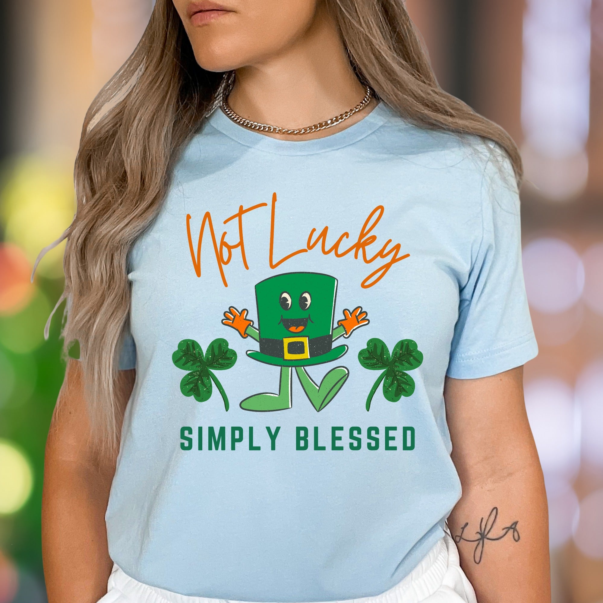 "Not Lucky Simply Blessed" | Funny Cartoon Unisex Adult T-Shirt | Positive Lifestyle