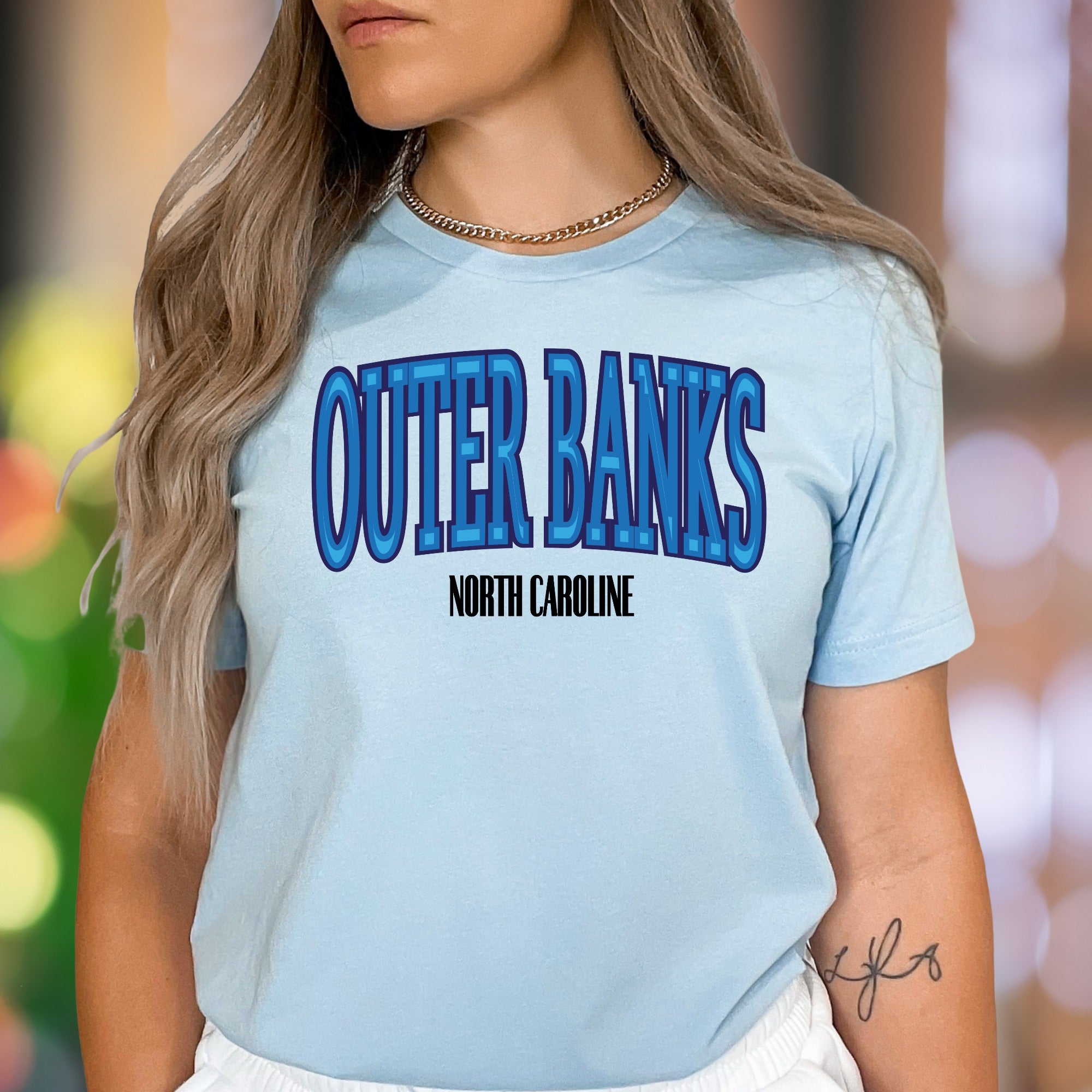 "Outer Banks North Carolina" | Retro Blue Typography Unisex Adult T-Shirt | Coastal Lifestyle