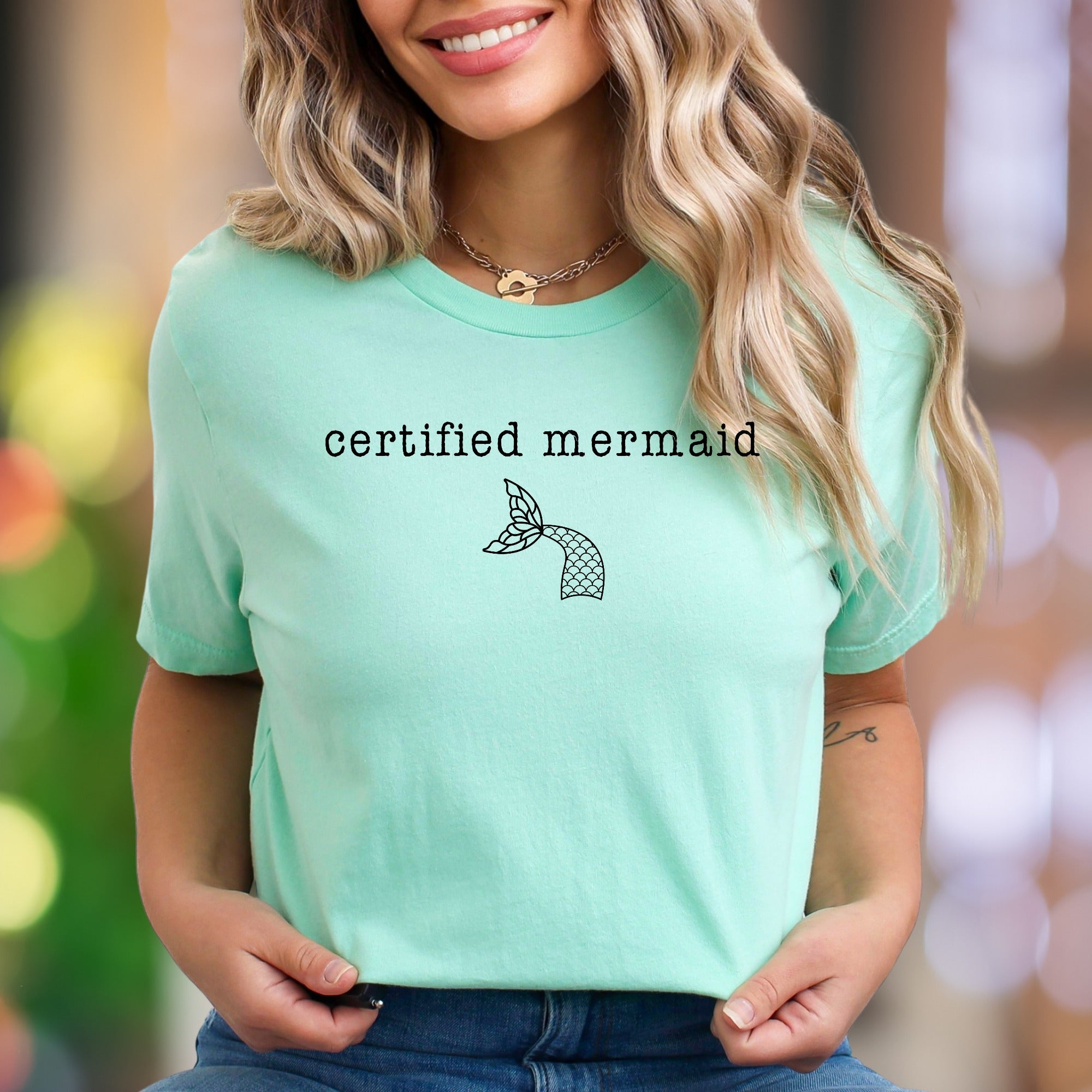 "certified mermaid" | Minimal Typography Unisex Adult T-Shirt | Playful Coastal Lifestyle