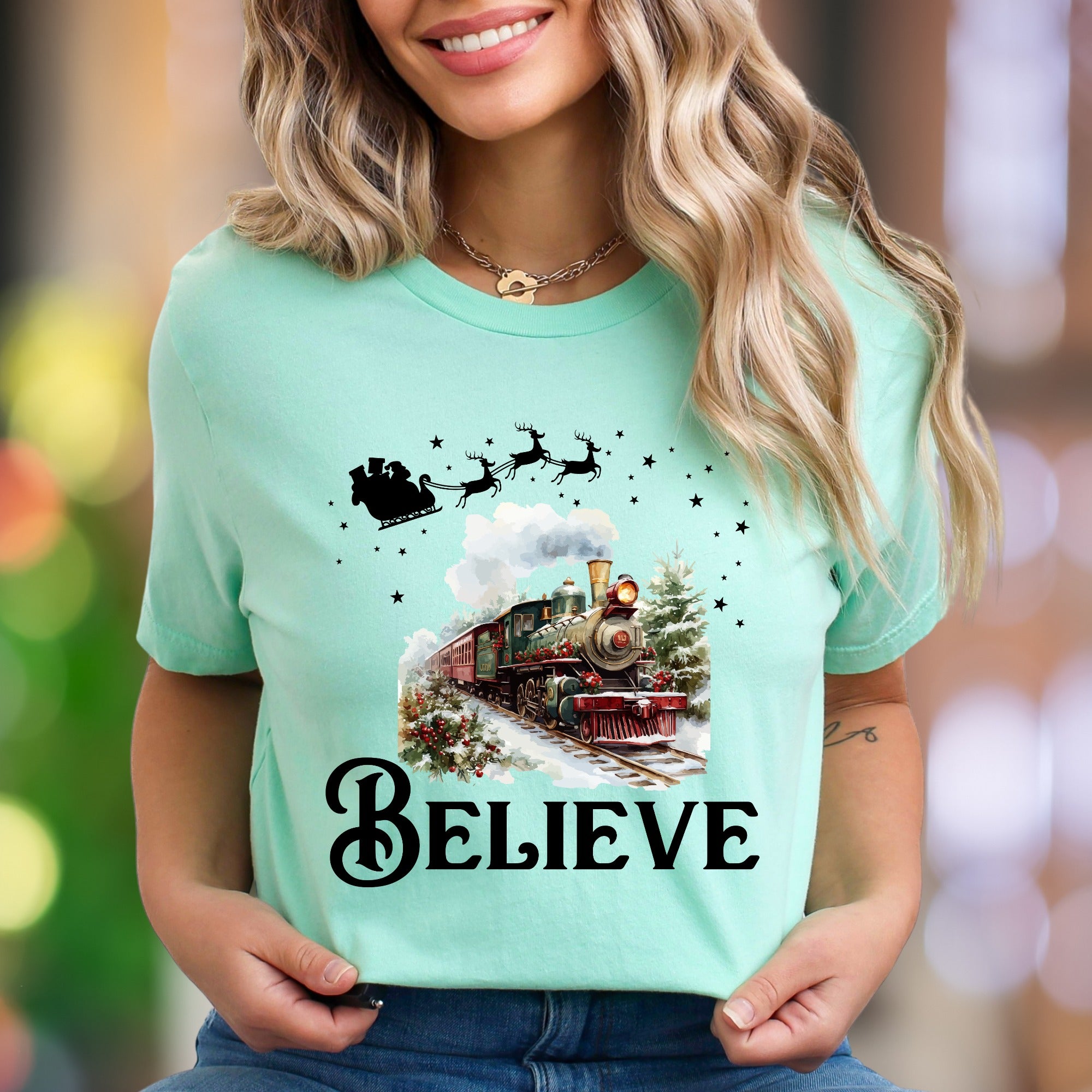 "Believe" | Festive Christmas Train Unisex Adult T-Shirt | Holiday Lifestyle
