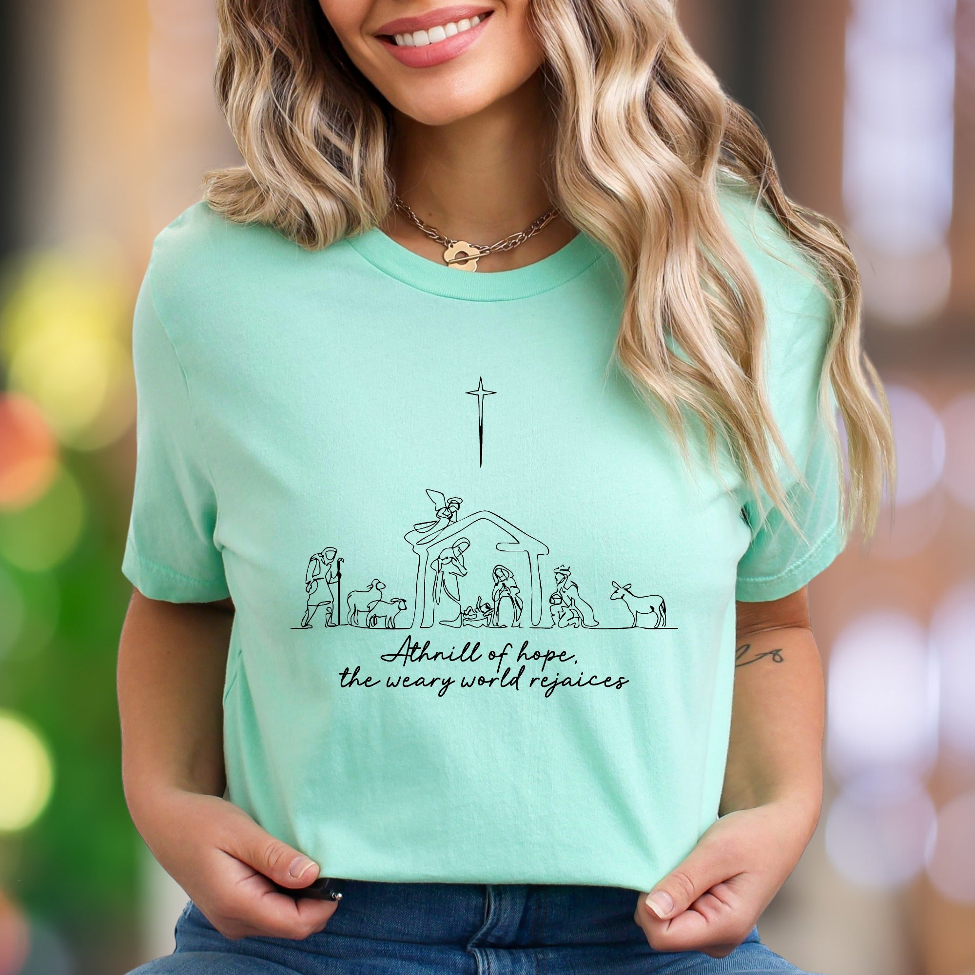 "A thrill of hope, the weary world rejoices" | Minimal Nativity Unisex Adult T-Shirt | Holiday Lifestyle