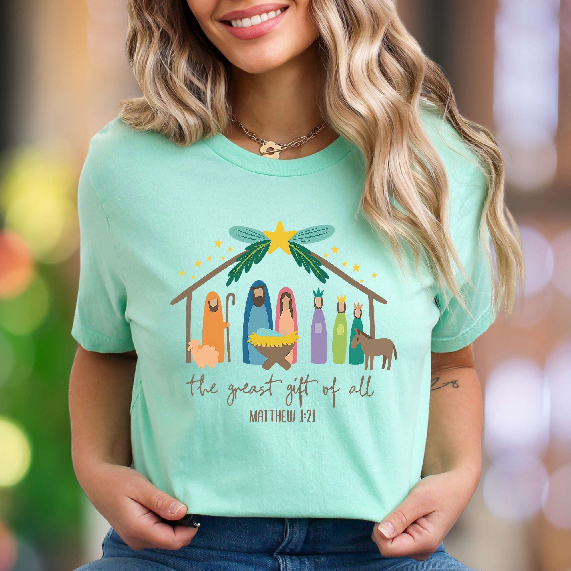 "The Greatest Gift Of All Matthew 1:21" | Nativity Scene Unisex Adult T-Shirt | Heartfelt Scripture Apparel