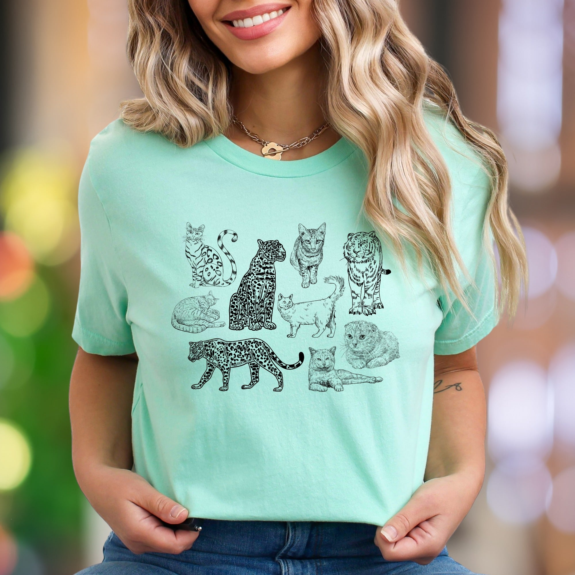 "Big Cats & Domestic Kitties" | Vintage Sketch Unisex Adult T-Shirt | Feline Lover Apparel
