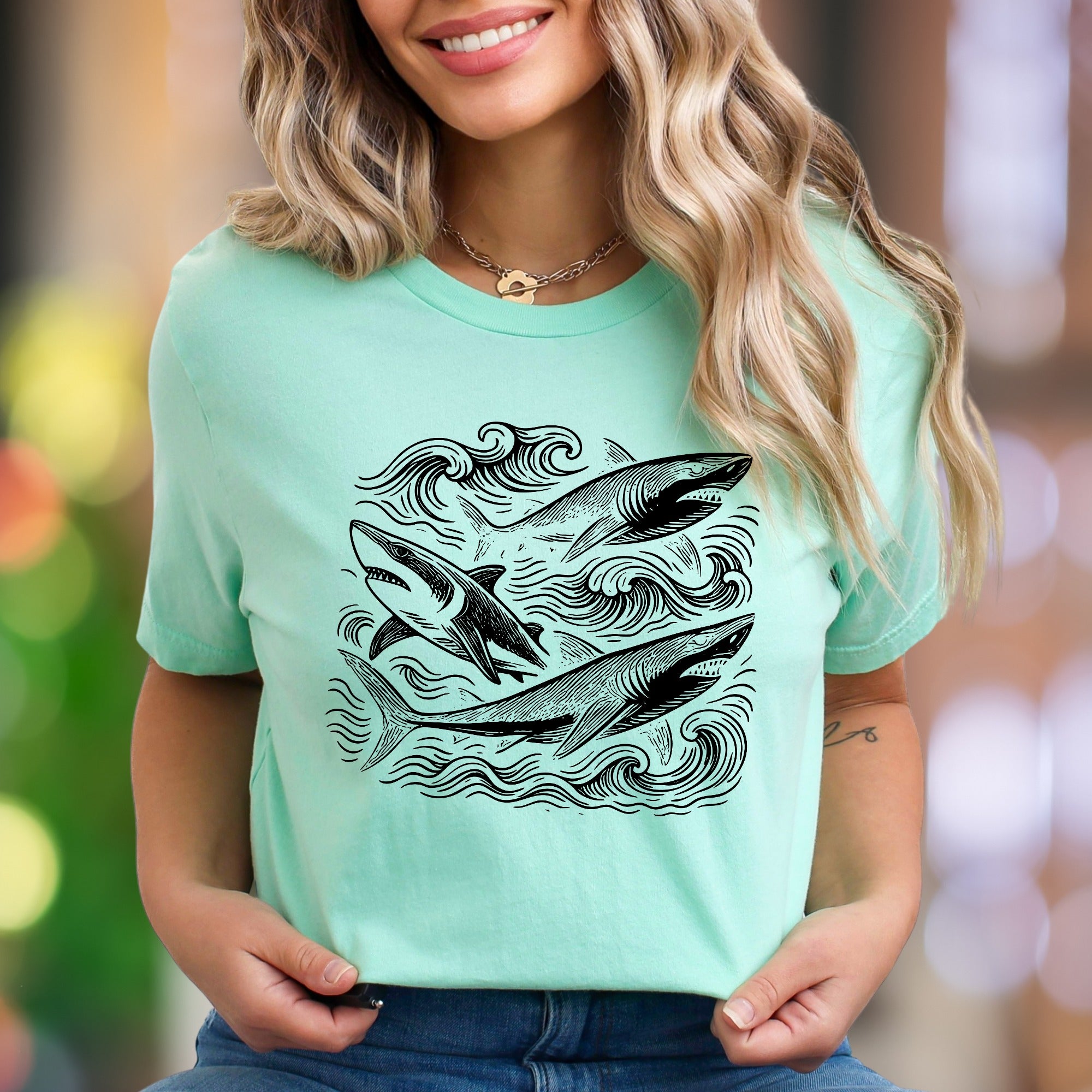 "Sharks with Waves" | Vintage Ocean Graphic Unisex Adult T-Shirt | Marine Lifestyle