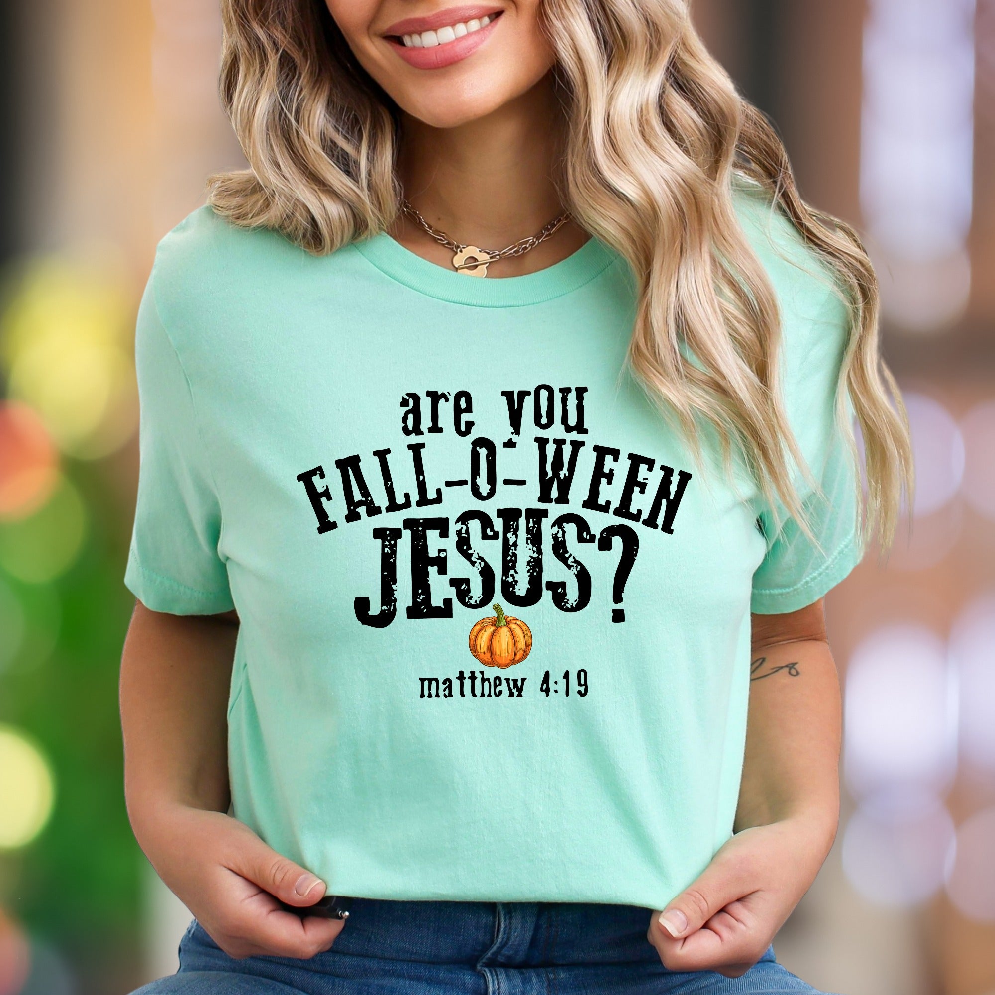 "Are You Fall-O-Ween Jesus?" | Distressed Typography Unisex Adult T-Shirt | Humorous Lifestyle