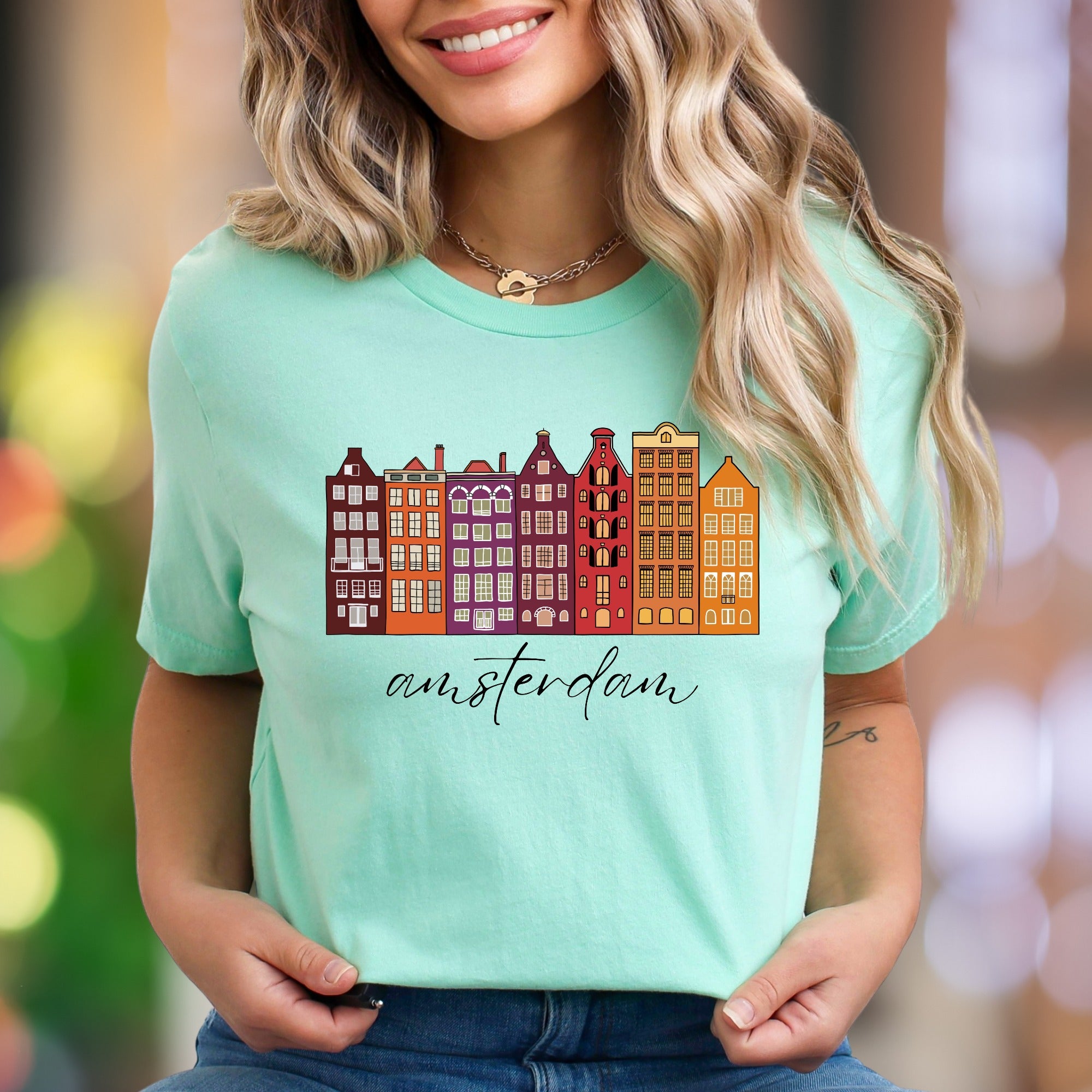 "amsterdam" | Colorful Cityscape Unisex Adult T-Shirt | Travel & Culture Apparel