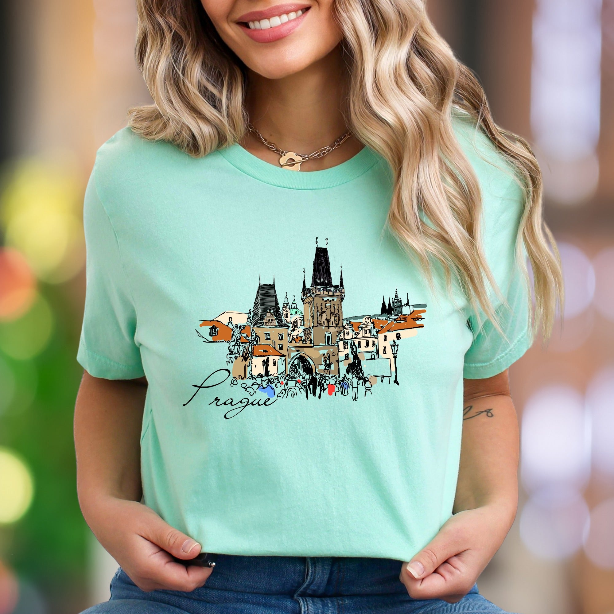 "Prague" | Cityscape Sketch Unisex Adult T-Shirt | Travel Lifestyle