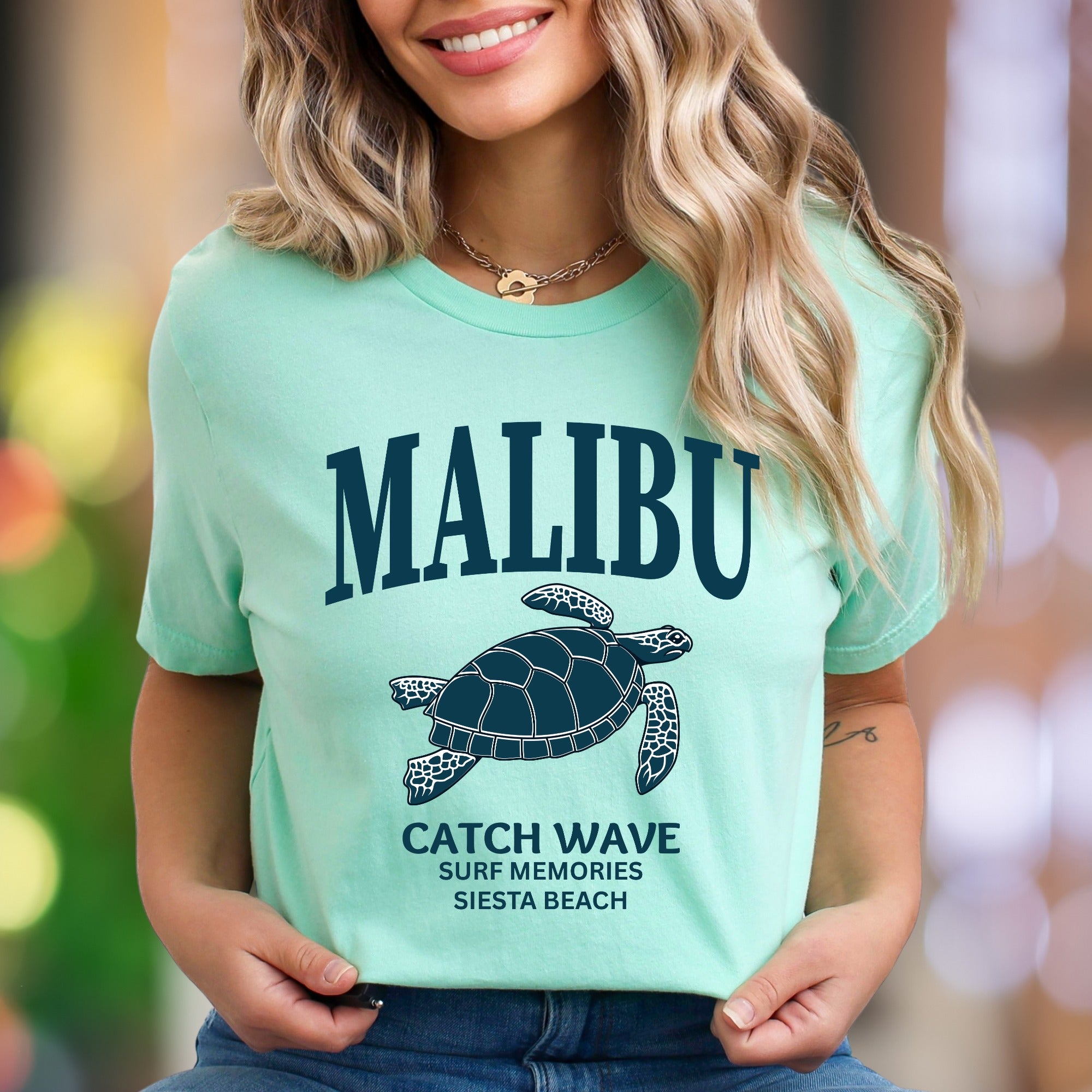 "MALIBU Catch Wave Surf Memories Siesta Beach" | Retro Island Graphic Unisex Adult T-Shirt | Beach Lifestyle