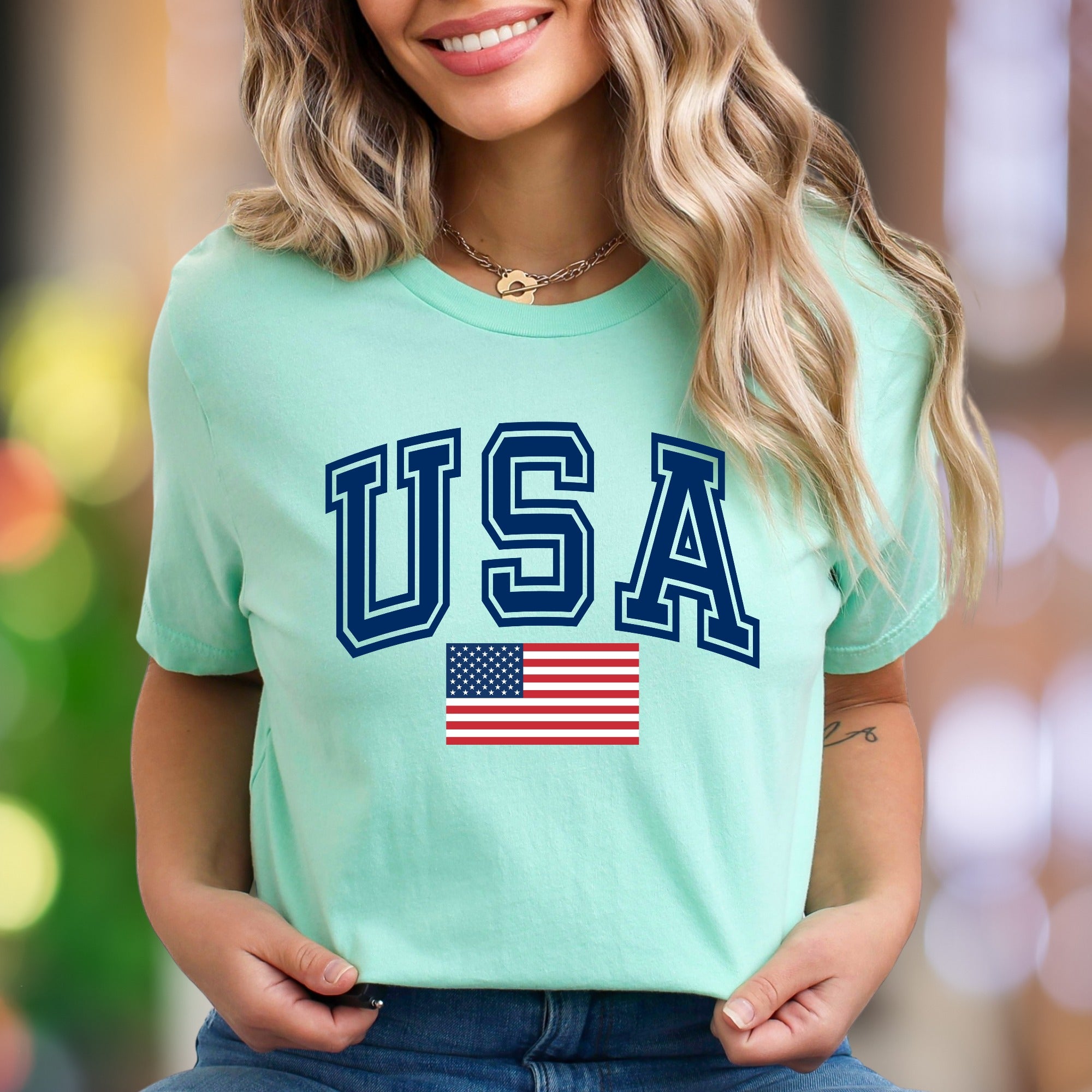 "USA" | Varsity Typography Unisex Adult T-Shirt | Patriotic American Style