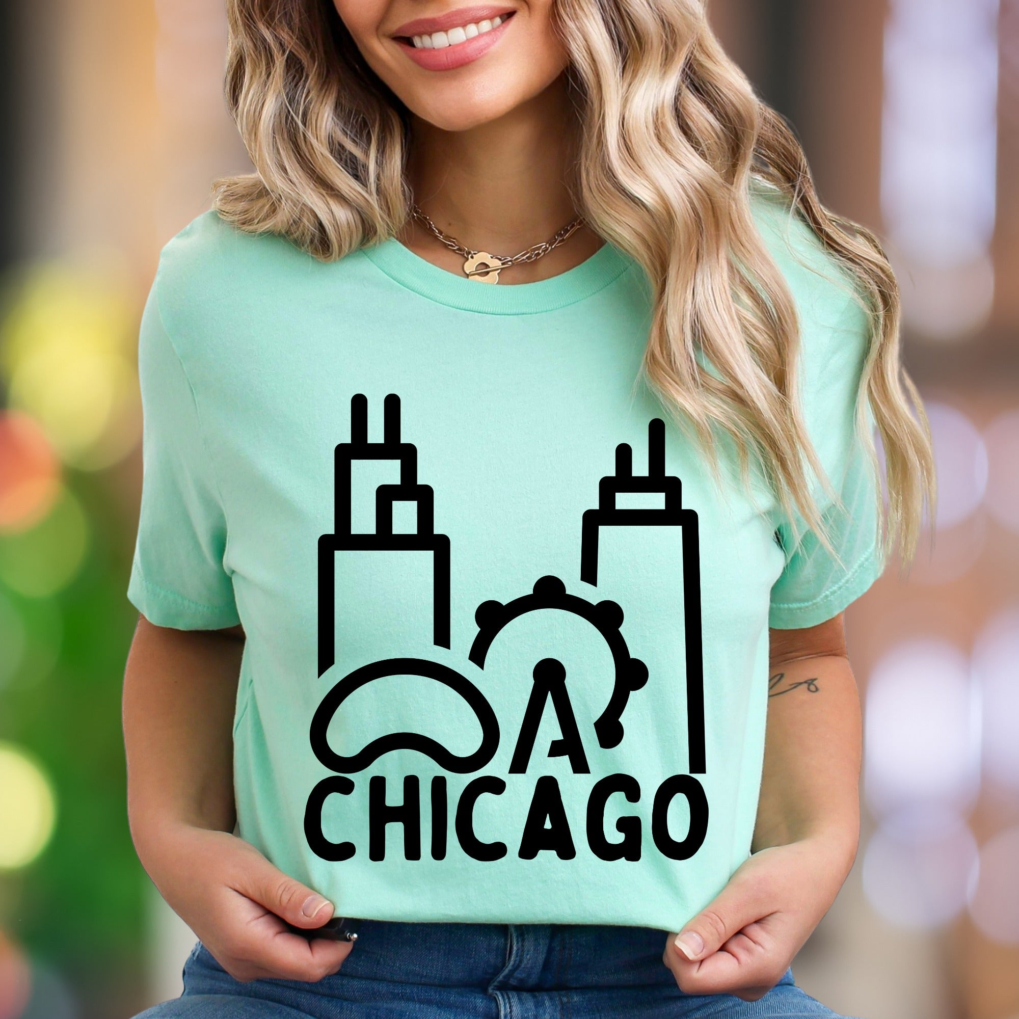 "Chicago Landmarks" | Minimal Cityscape Unisex Adult T-Shirt | Travel & Local Pride