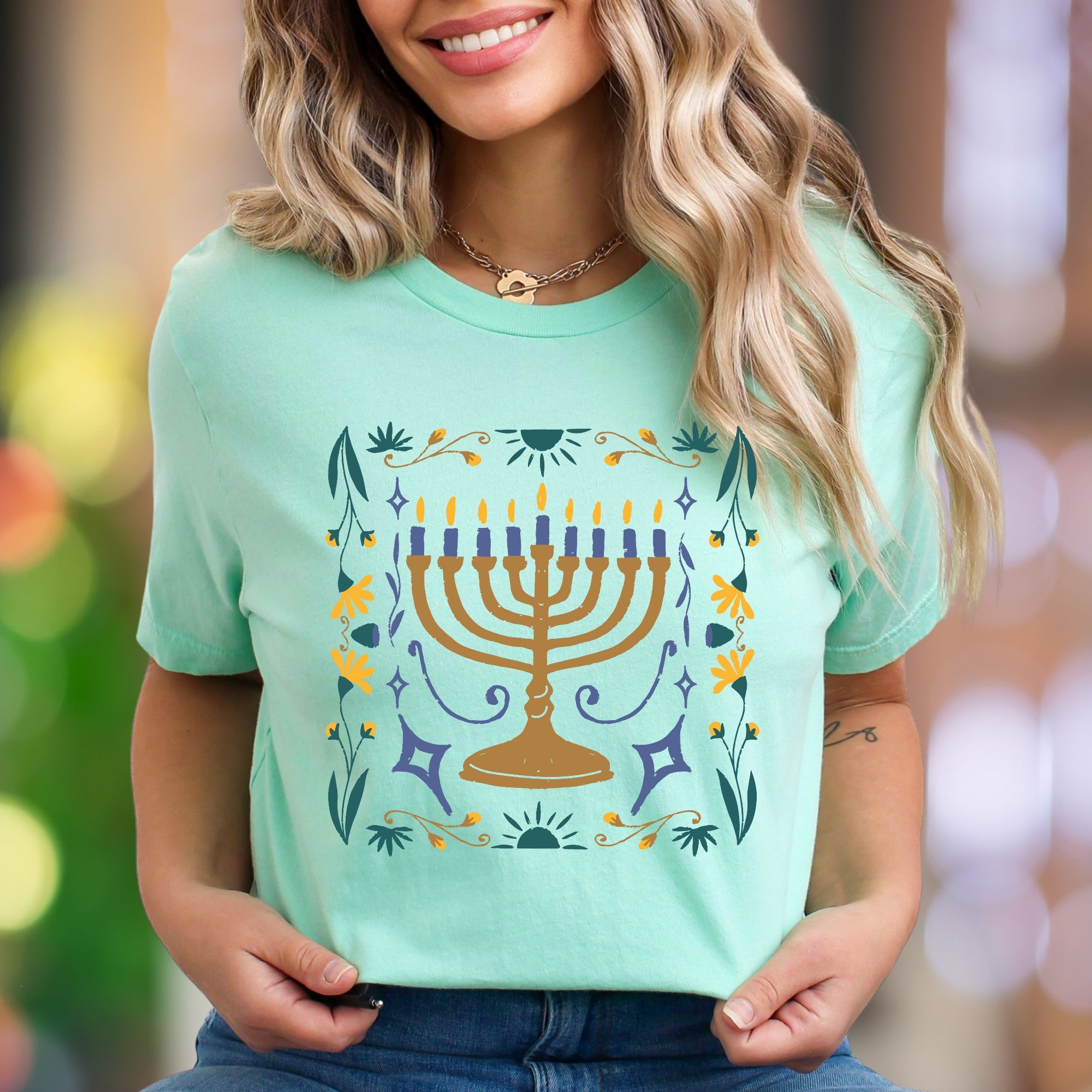 "Menorah & Floral" | Folk Art Unisex Adult T-Shirt | Festive Lifestyle