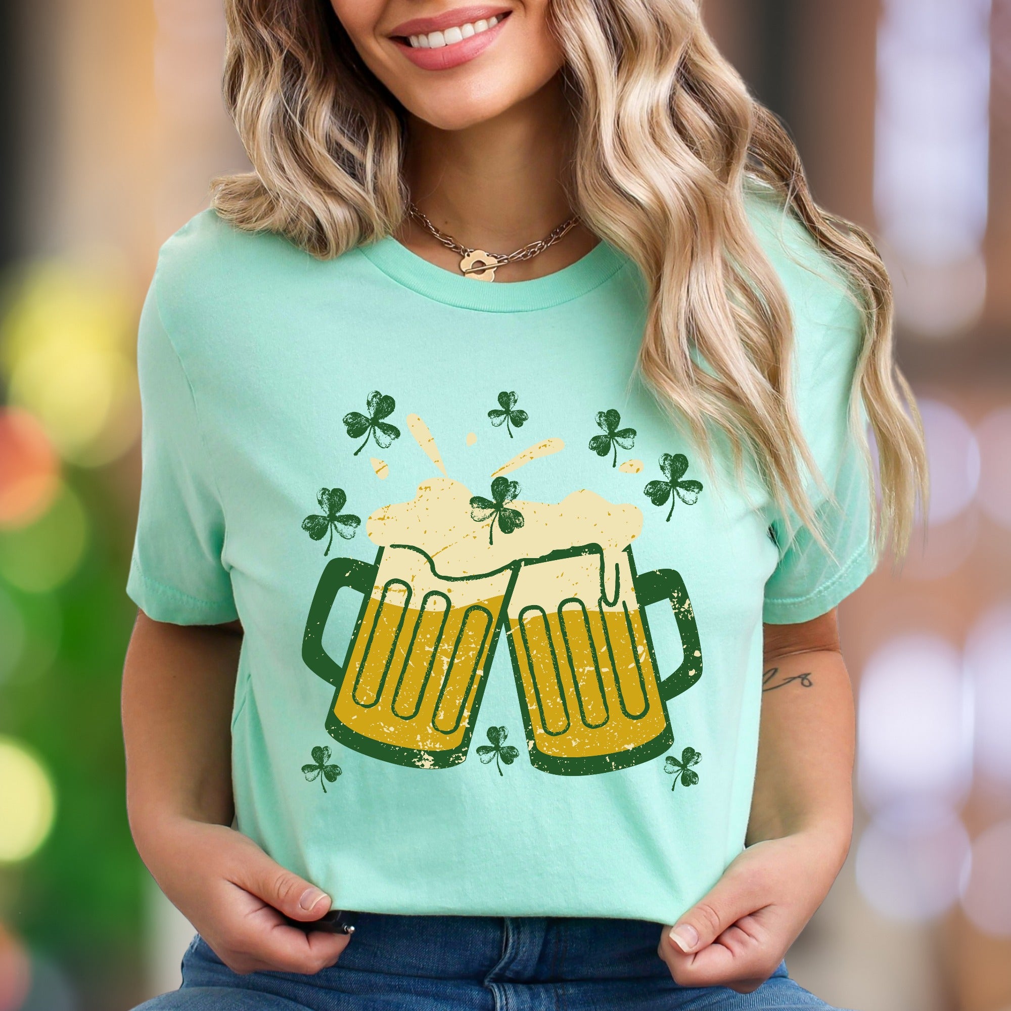"Cheers & Shamrocks" | Distressed Graphic Unisex Adult T-Shirt | Festive Celebration Wear