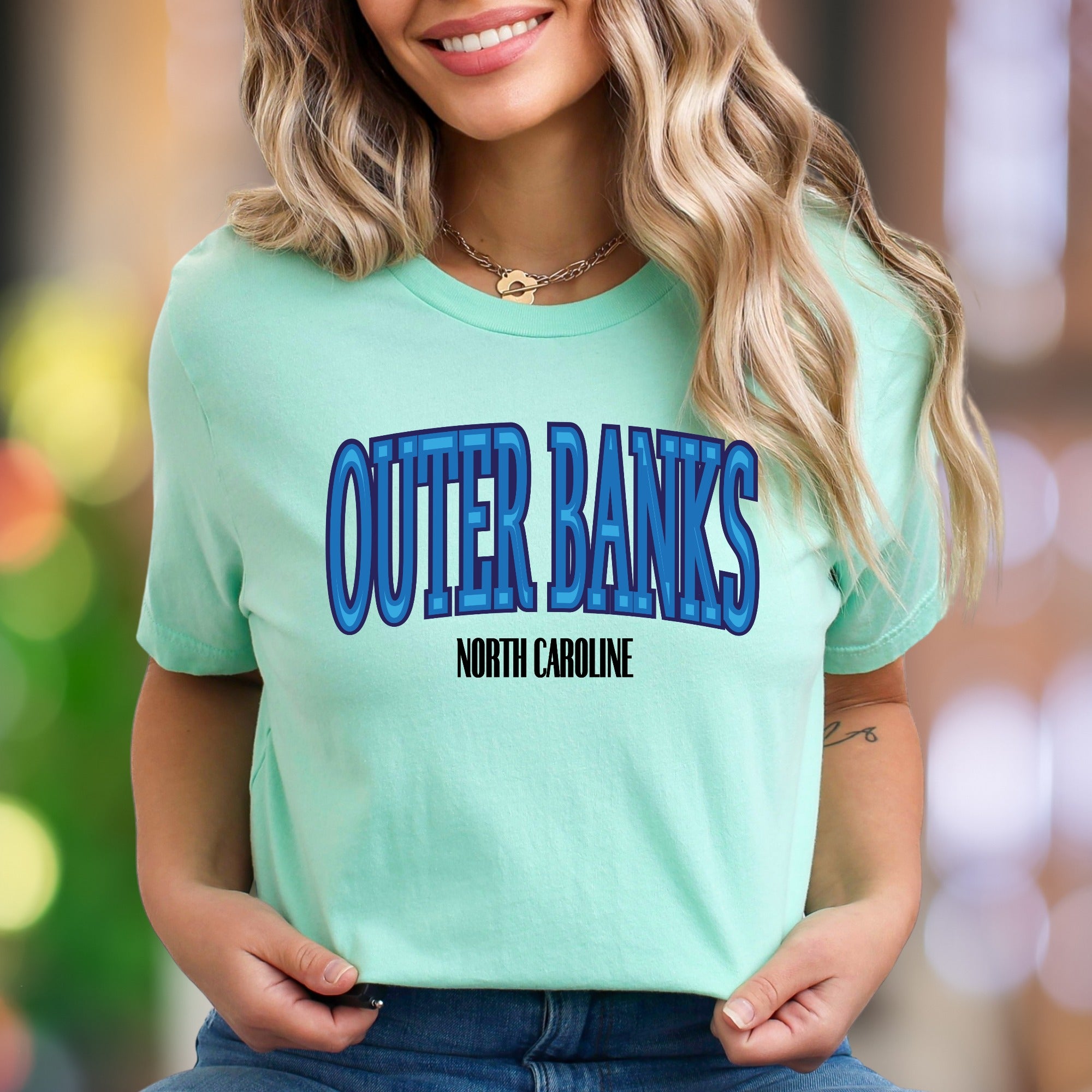 "Outer Banks North Carolina" | Retro Blue Typography Unisex Adult T-Shirt | Coastal Lifestyle