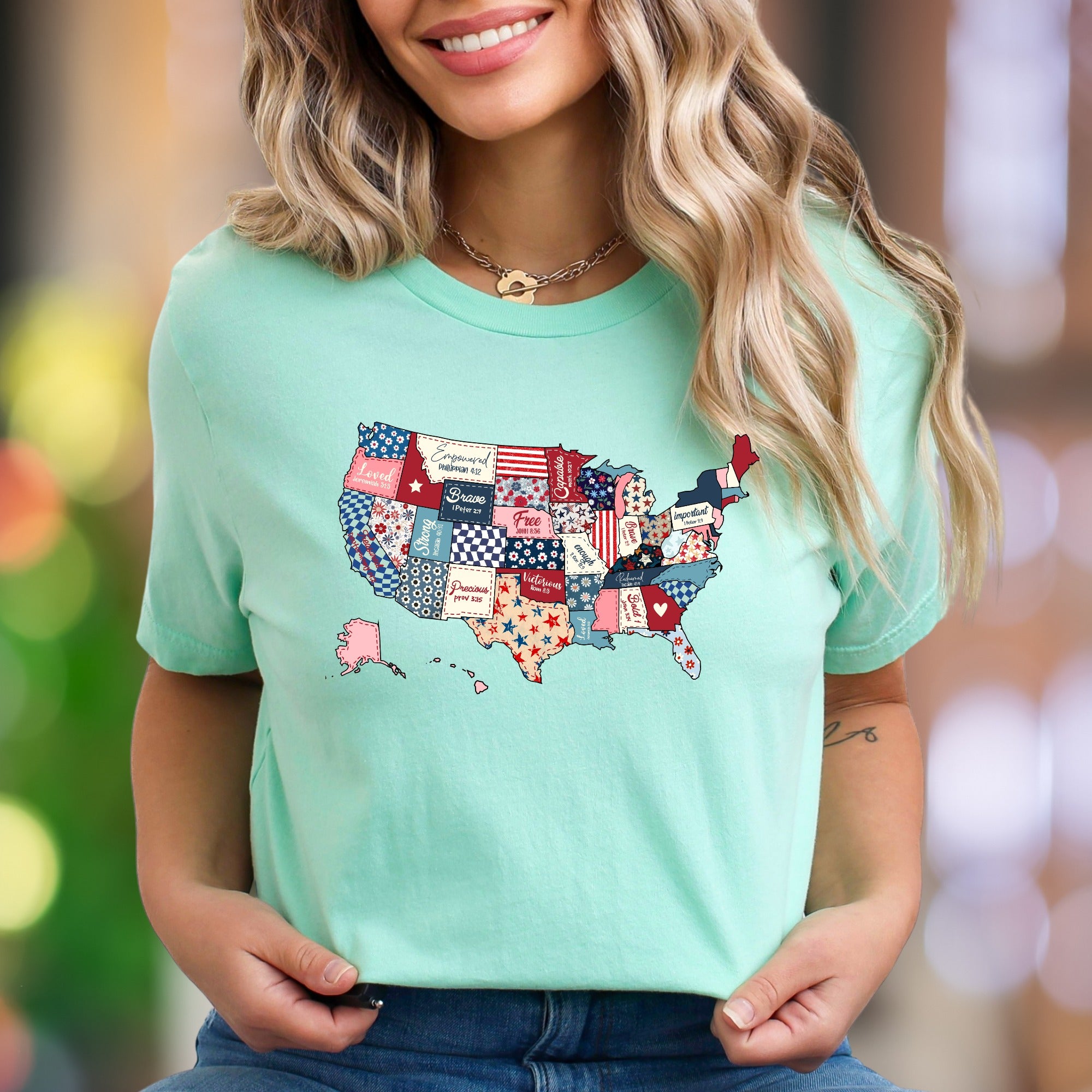 "Loved, Empowered, Capable" | Patriotic Patchwork Unisex Adult T-Shirt | Empowering Lifestyle