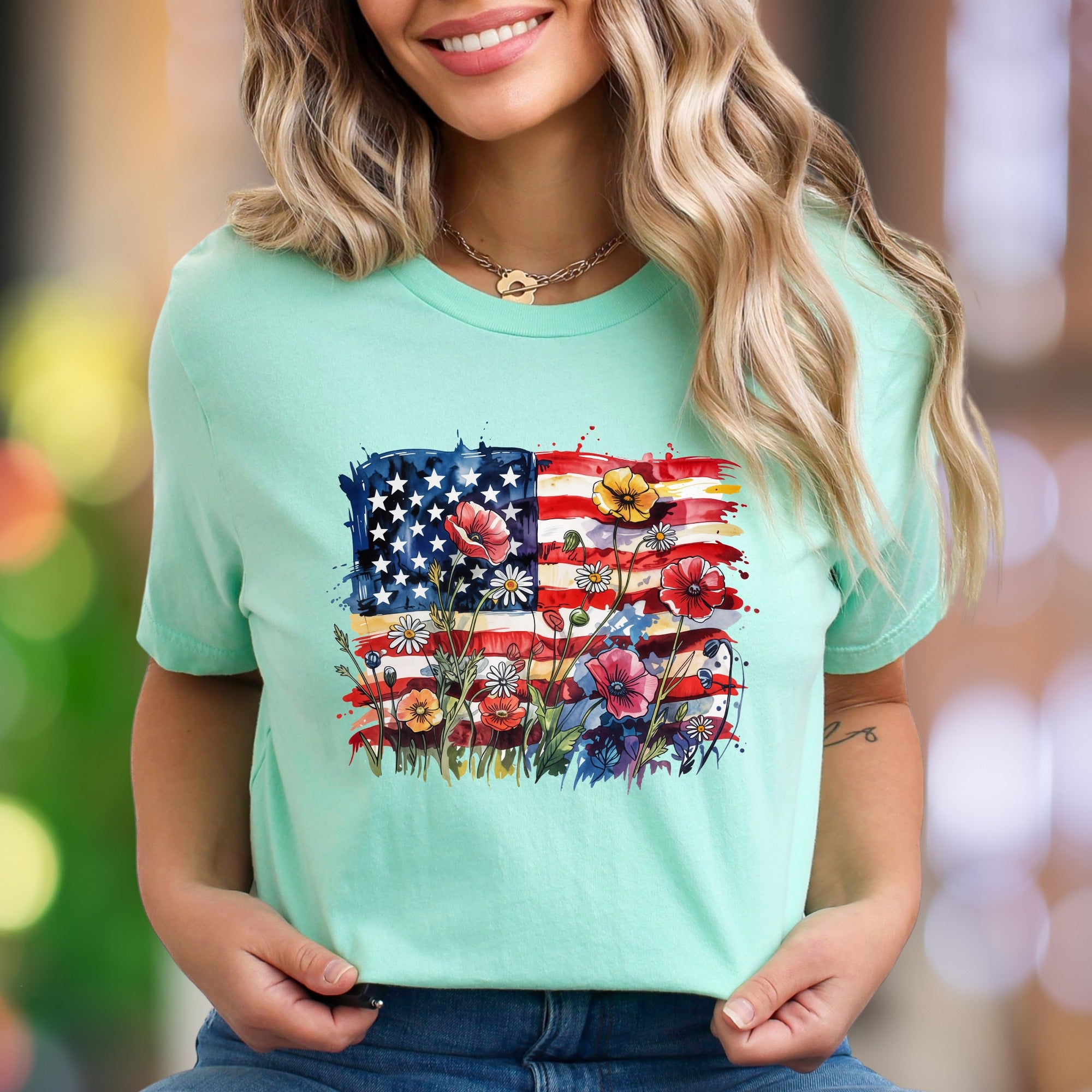 "Floral Flag Sketch" | Watercolor Graphic Unisex Adult T-Shirt | Patriotic Expression