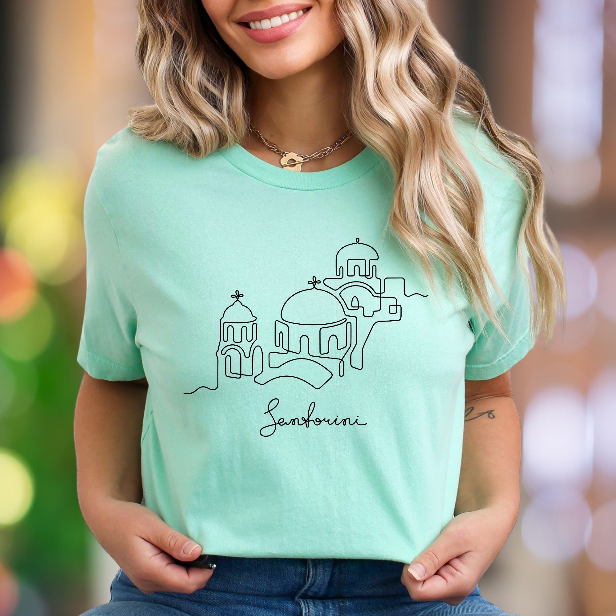 "Santorini" | Minimal Line Art Unisex Adult T-Shirt | Travel Lifestyle