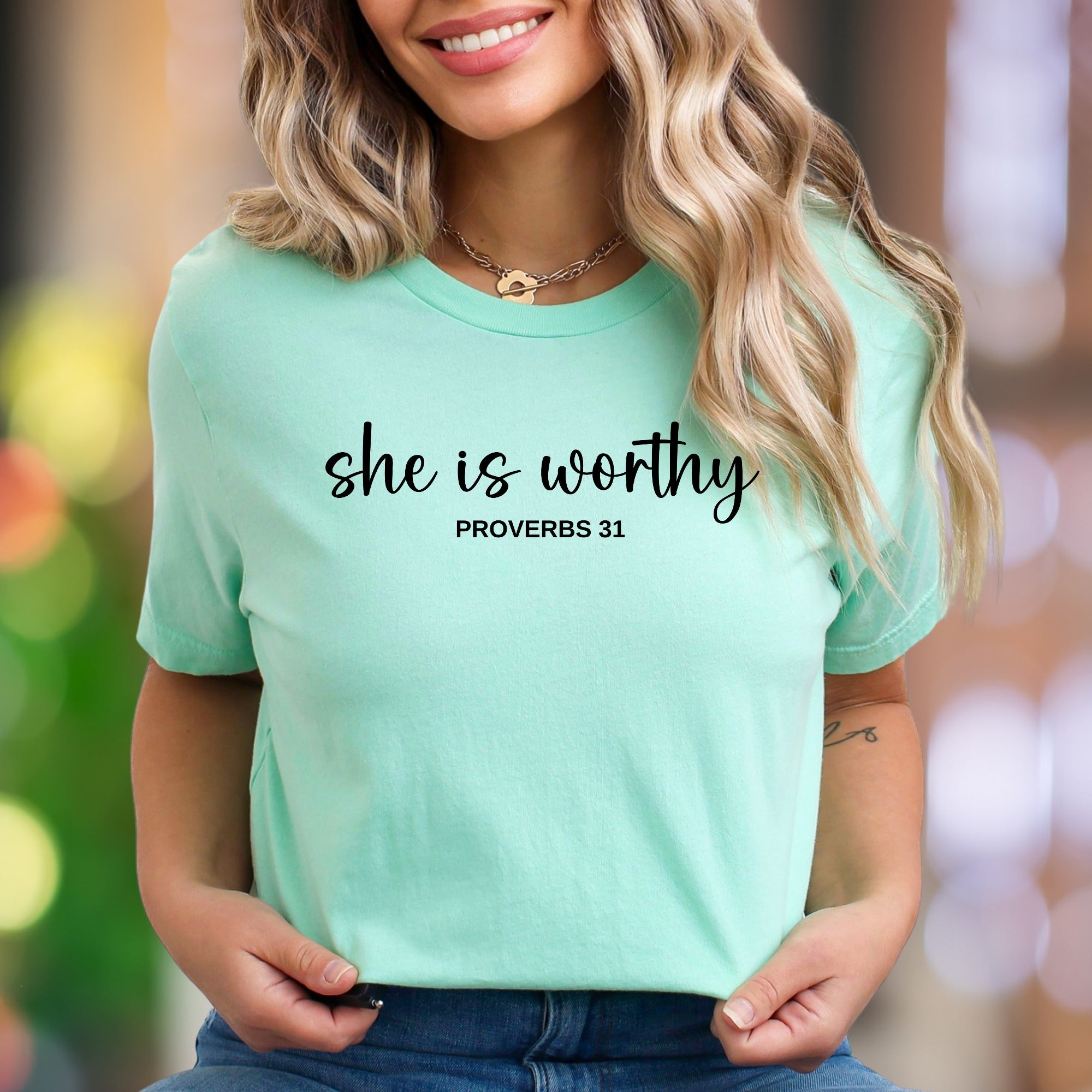 "She Is Worthy: Proverbs 31" | Script Typography Unisex Adult T-Shirt | Empowering Lifestyle