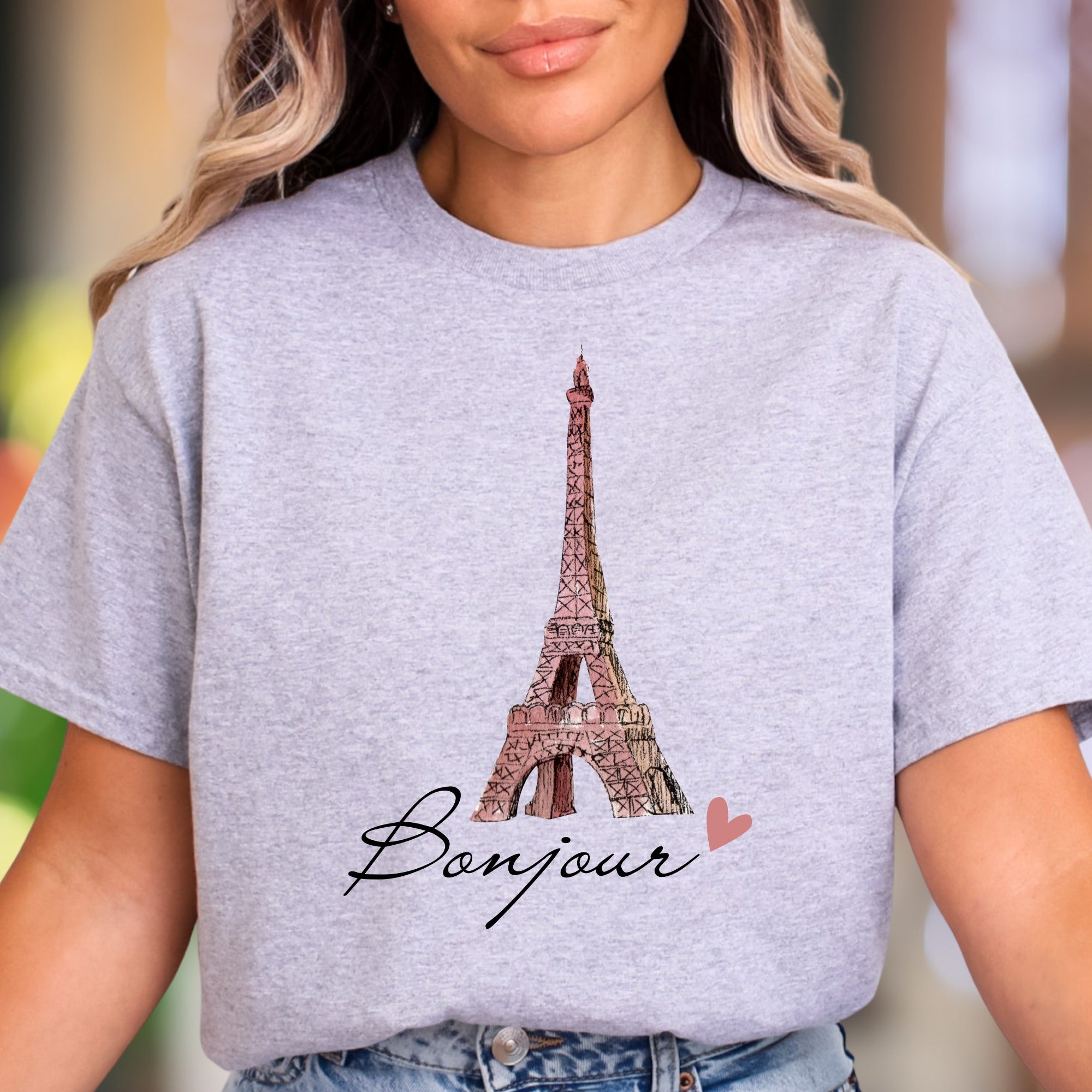"Bonjour" | Watercolor Eiffel Tower Unisex Adult T-Shirt | Parisian Chic Lifestyle