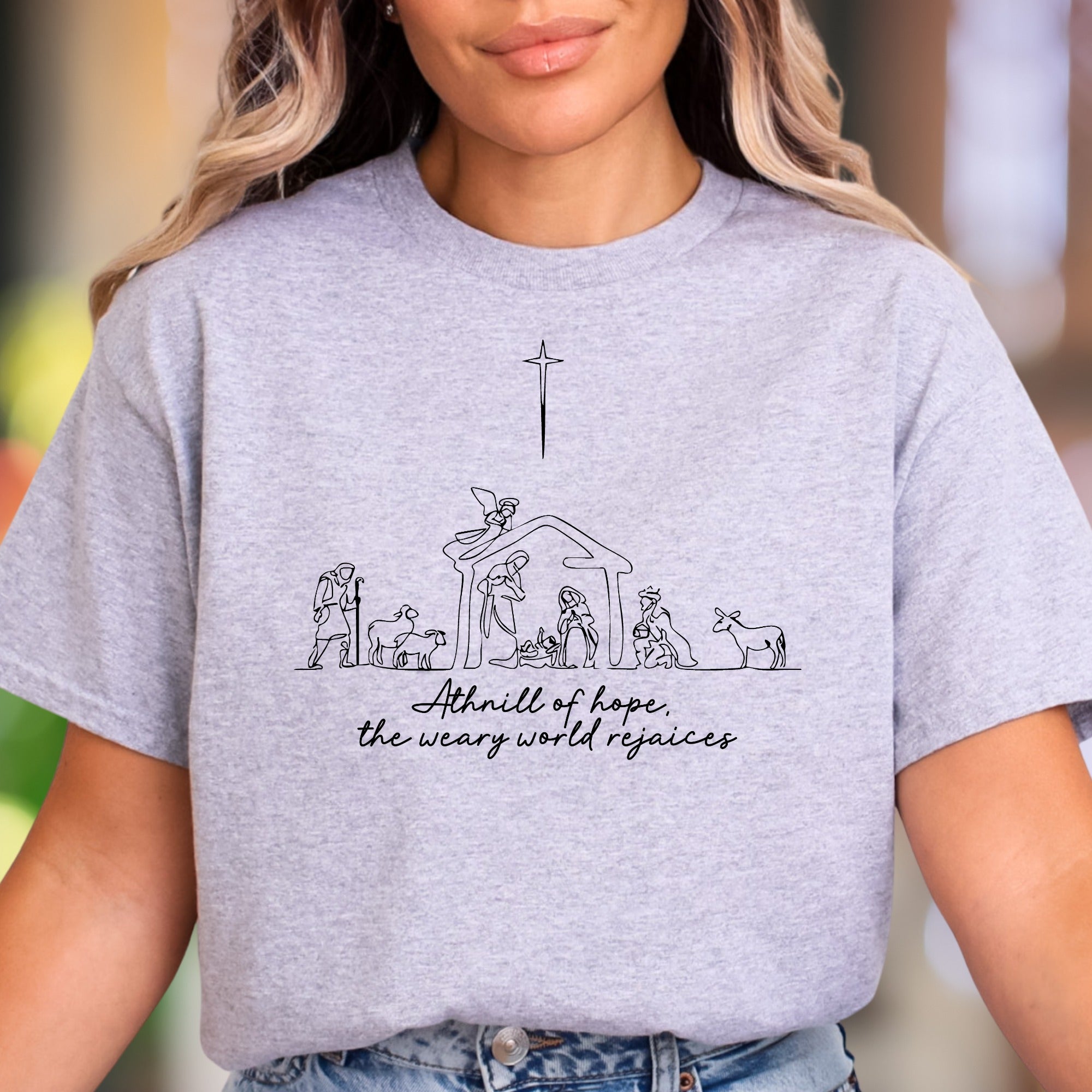 "A thrill of hope, the weary world rejoices" | Minimal Nativity Unisex Adult T-Shirt | Holiday Lifestyle