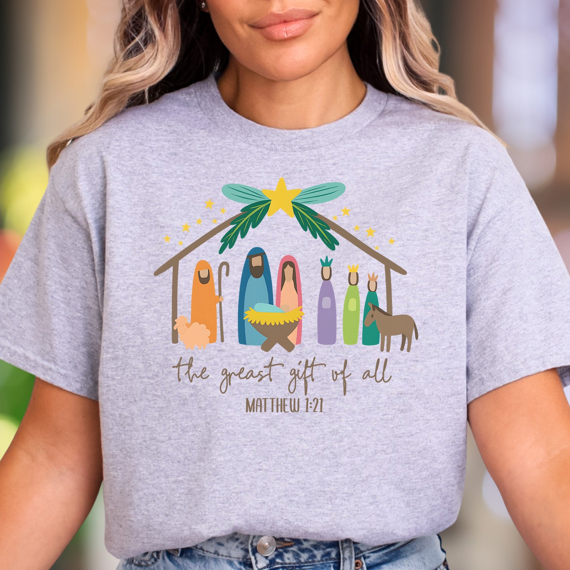"The Greatest Gift Of All Matthew 1:21" | Nativity Scene Unisex Adult T-Shirt | Heartfelt Scripture Apparel