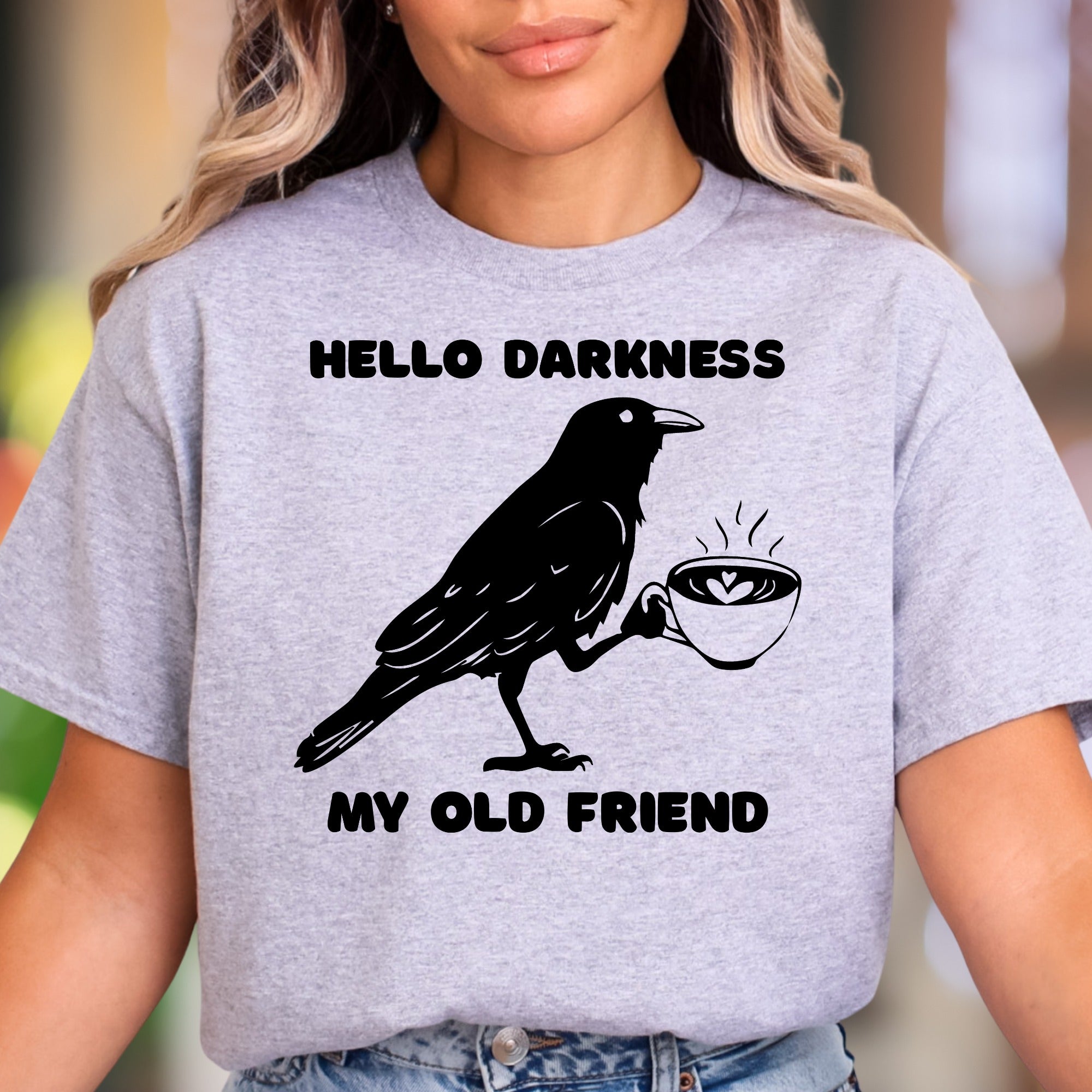 "Hello Darkness My Old Friend" | Funny Crow Coffee Unisex Adult T-Shirt | Sarcastic Lifestyle