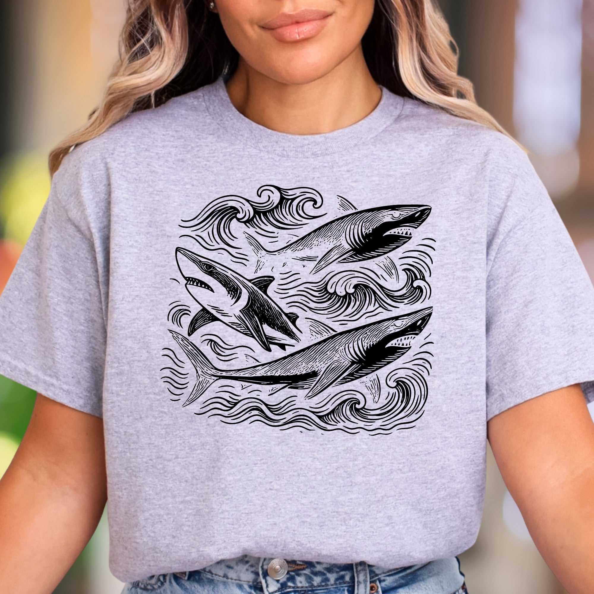 "Sharks with Waves" | Vintage Ocean Graphic Unisex Adult T-Shirt | Marine Lifestyle