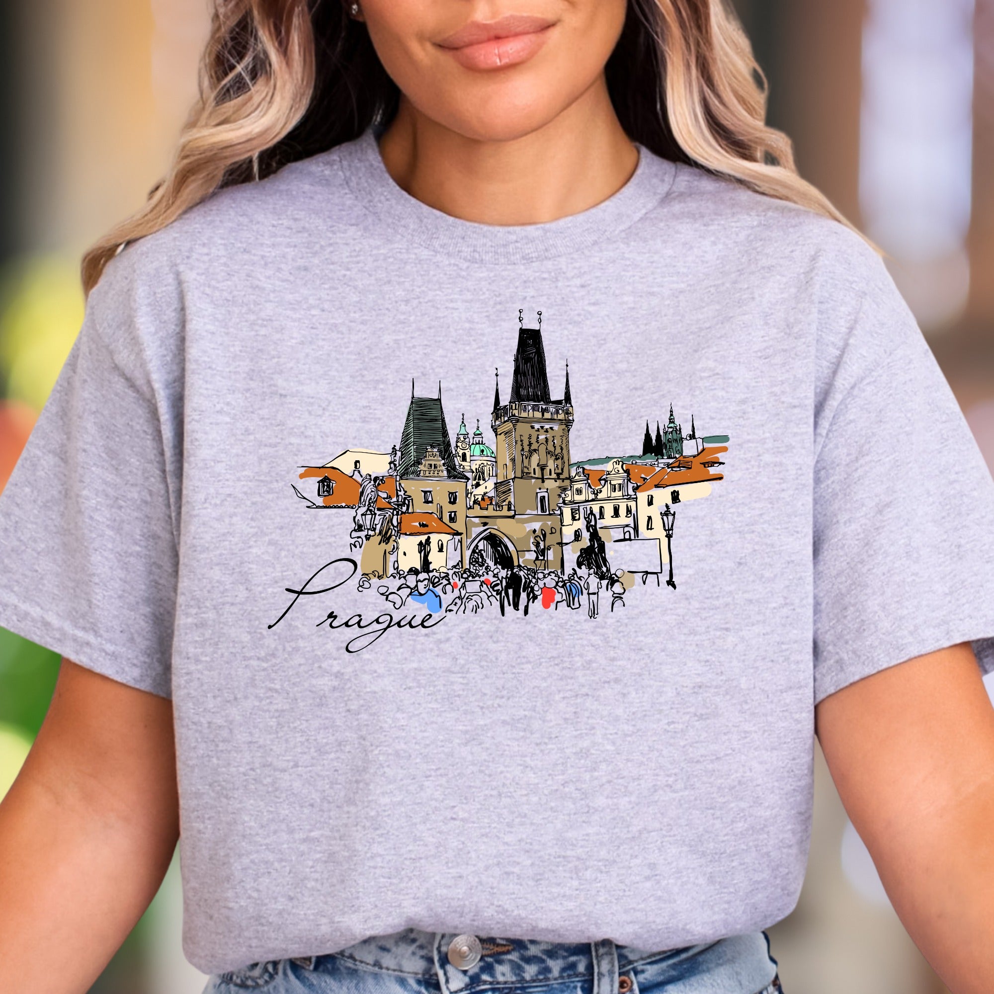 "Prague" | Cityscape Sketch Unisex Adult T-Shirt | Travel Lifestyle