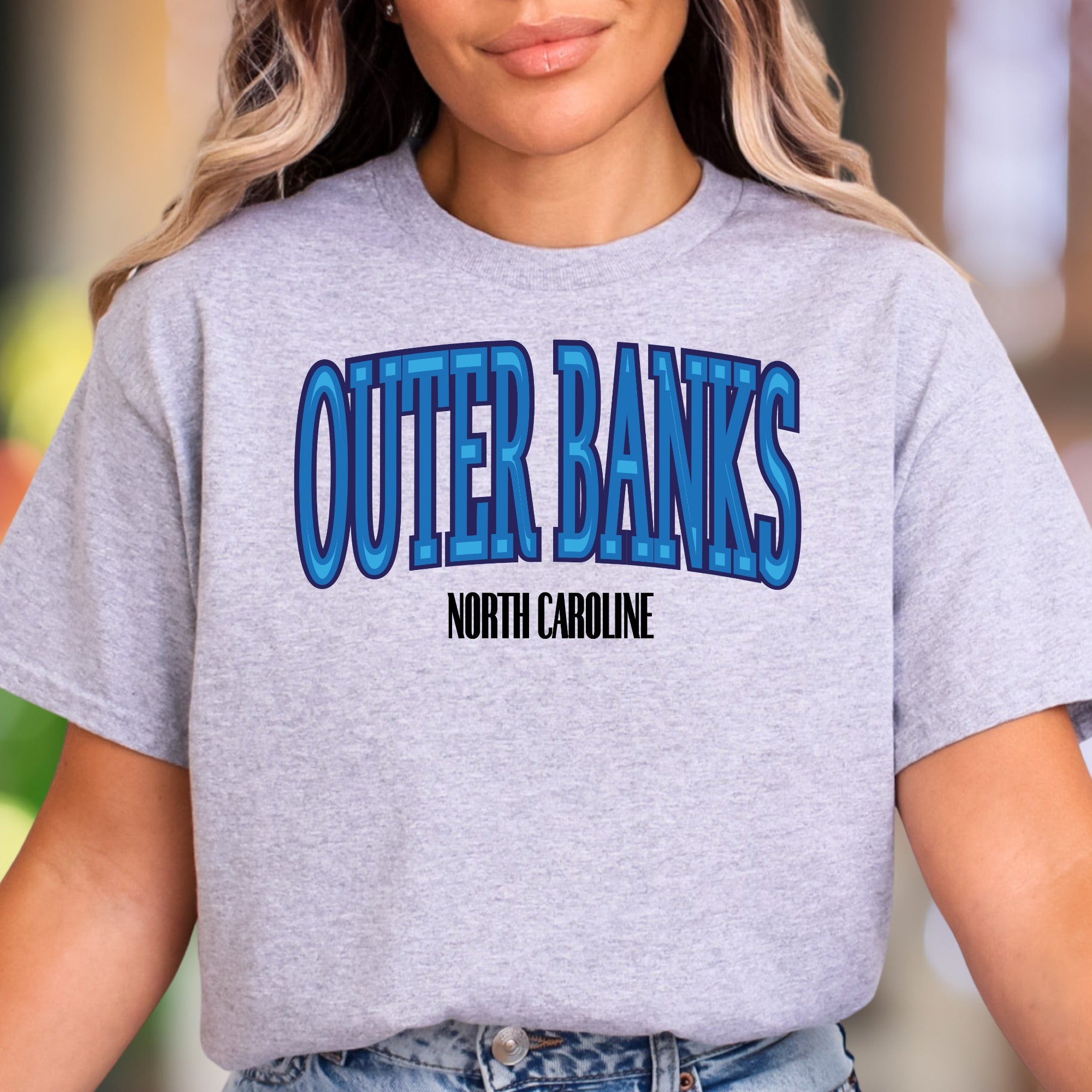 "Outer Banks North Carolina" | Retro Blue Typography Unisex Adult T-Shirt | Coastal Lifestyle