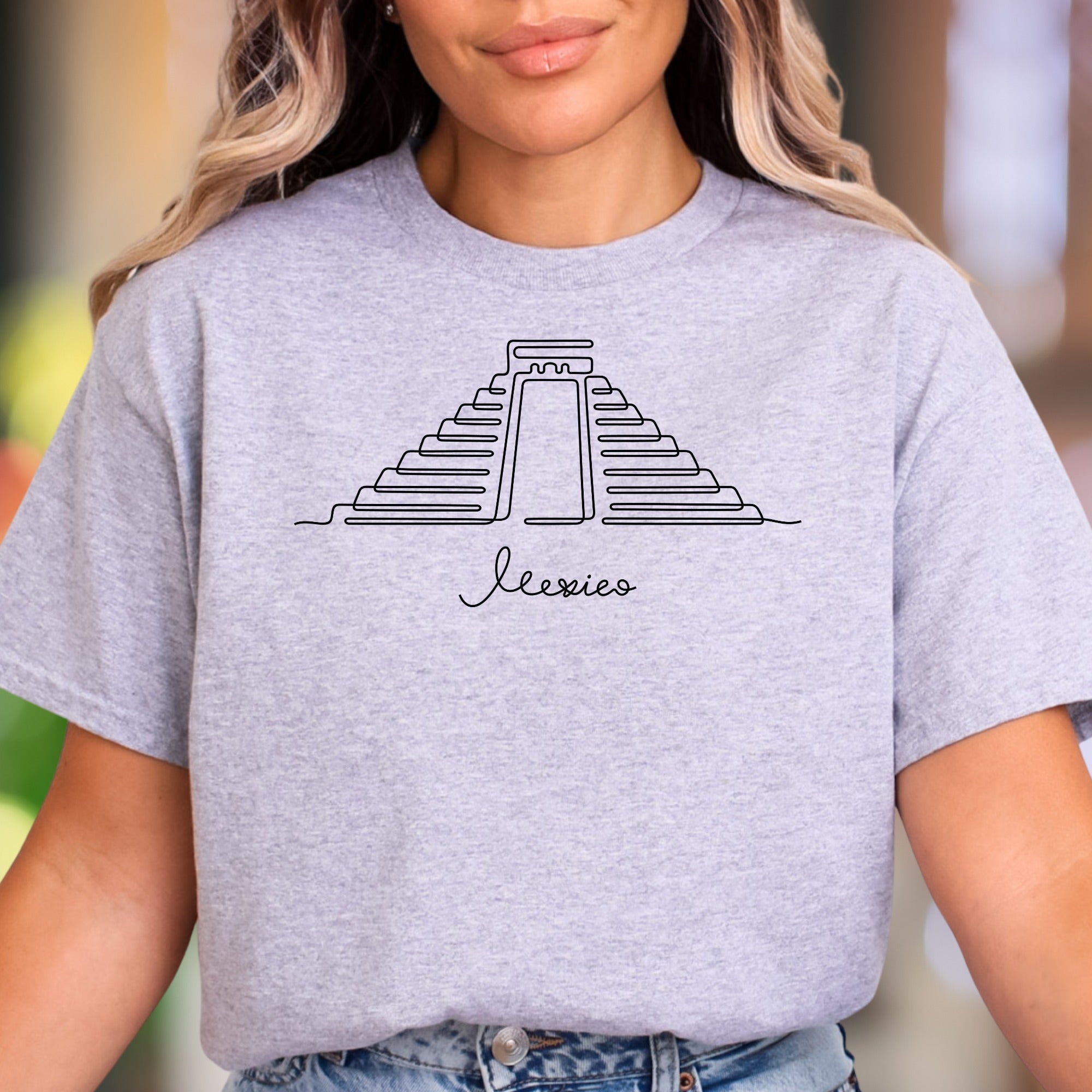 "Mexico" | Minimal Outline Aztec Pyramid Unisex Adult T-Shirt | Travel & Culture Lifestyle
