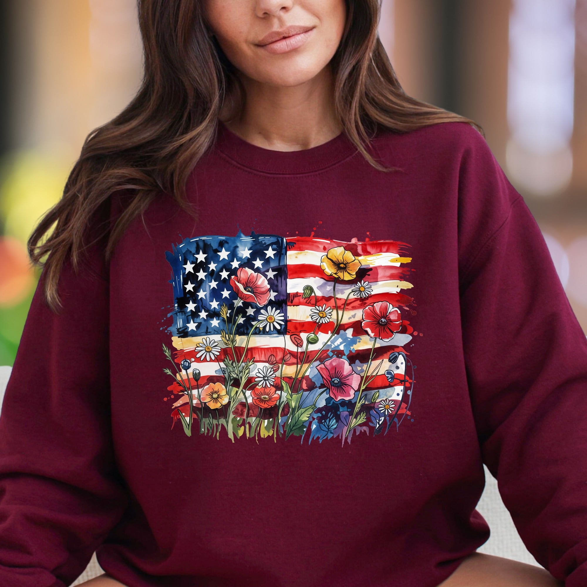 "Watercolor Floral Flag" | Patriotic Nature Unisex Adult Sweatshirt | Expressive Lifestyle