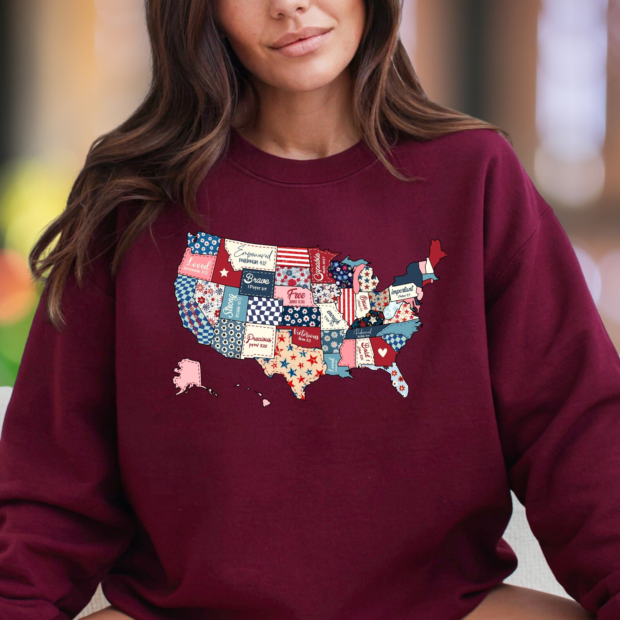 "Loved, Empowered, Brave, Free, Strong, Precious, Victorious" | Patchwork Map Unisex Adult Sweatshirt | Spiritual Confidence