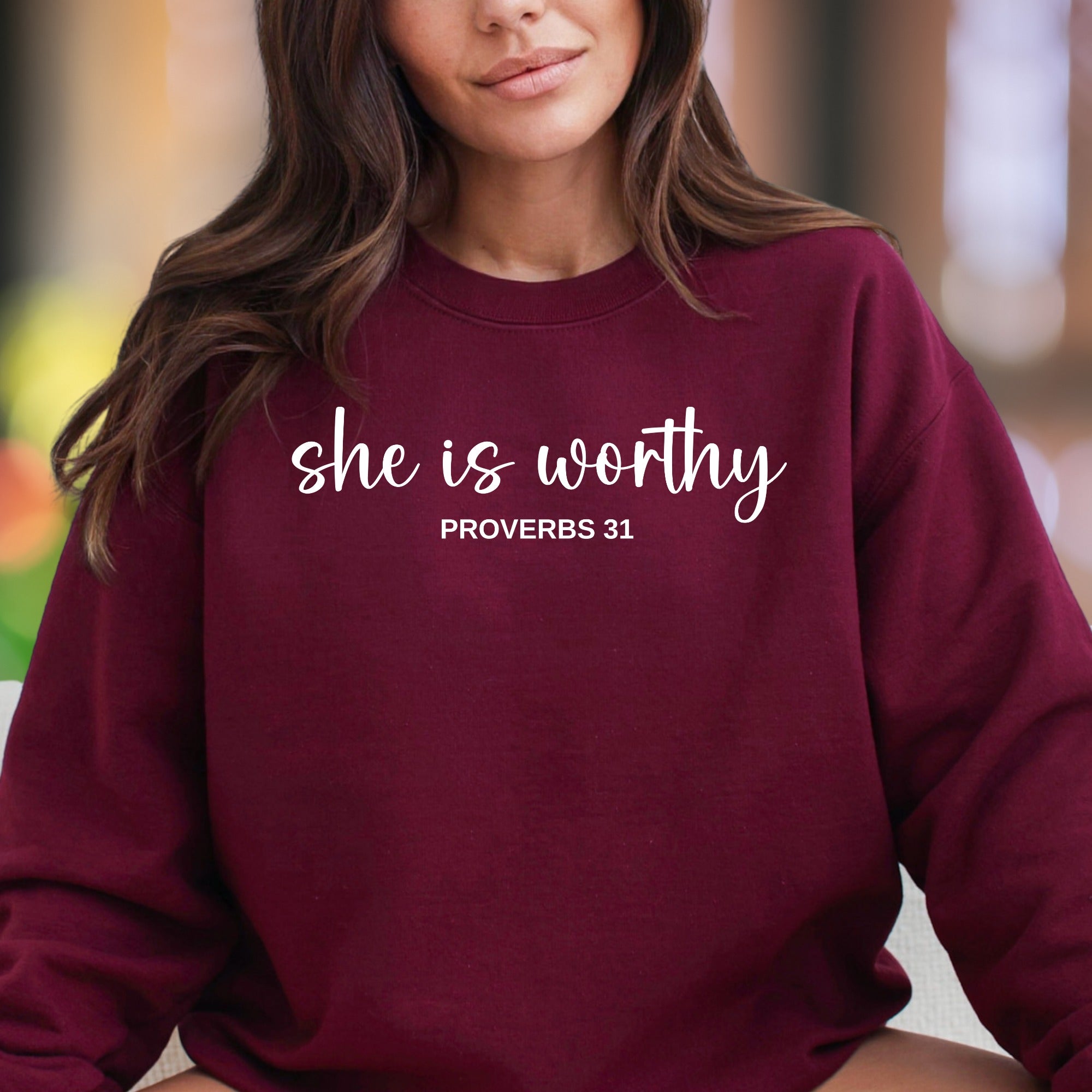 "She Is Worthy - Proverbs 31" | Script Typography Unisex Adult Sweatshirt | Inspirational Lifestyle