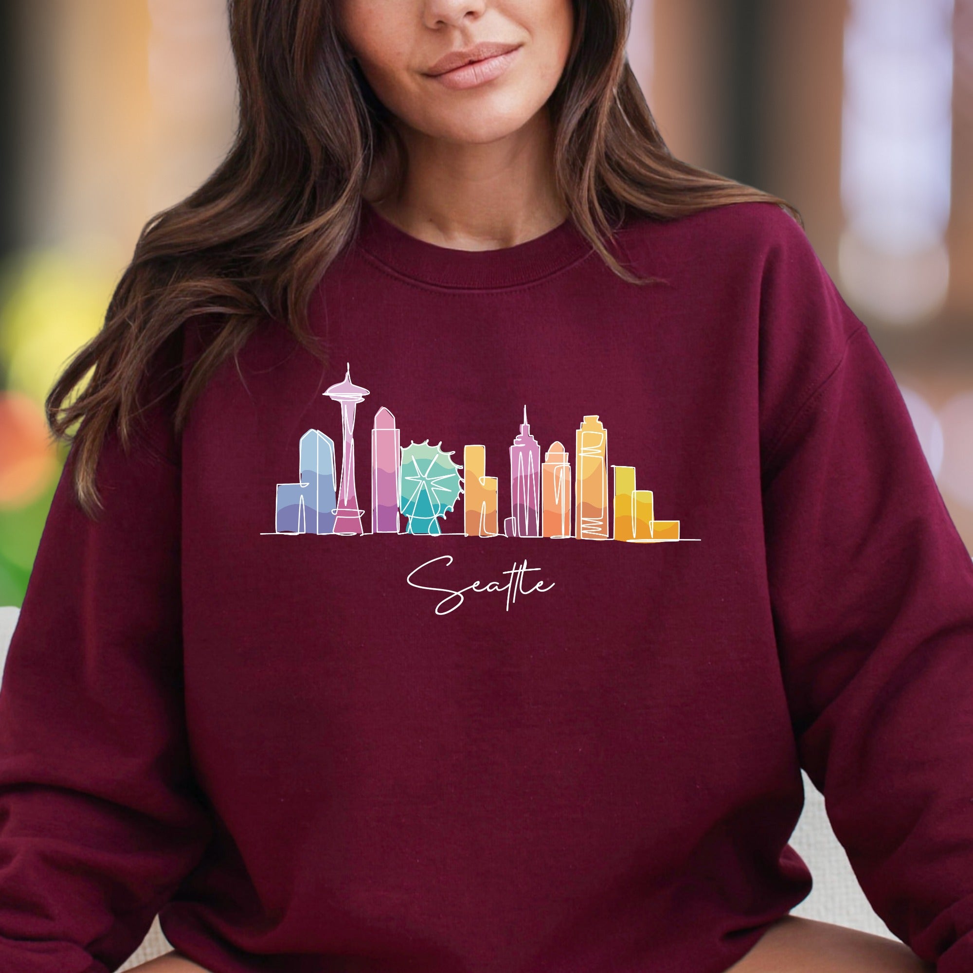 "Seattle" | Watercolor Skyline Unisex Adult Sweatshirt | City Travel Apparel