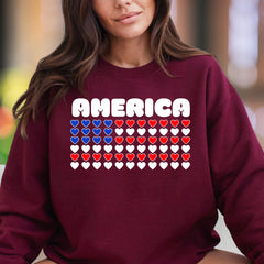 "AMERICA" | Patriotic Hearts Unisex Adult Sweatshirt | American Pride Wear
