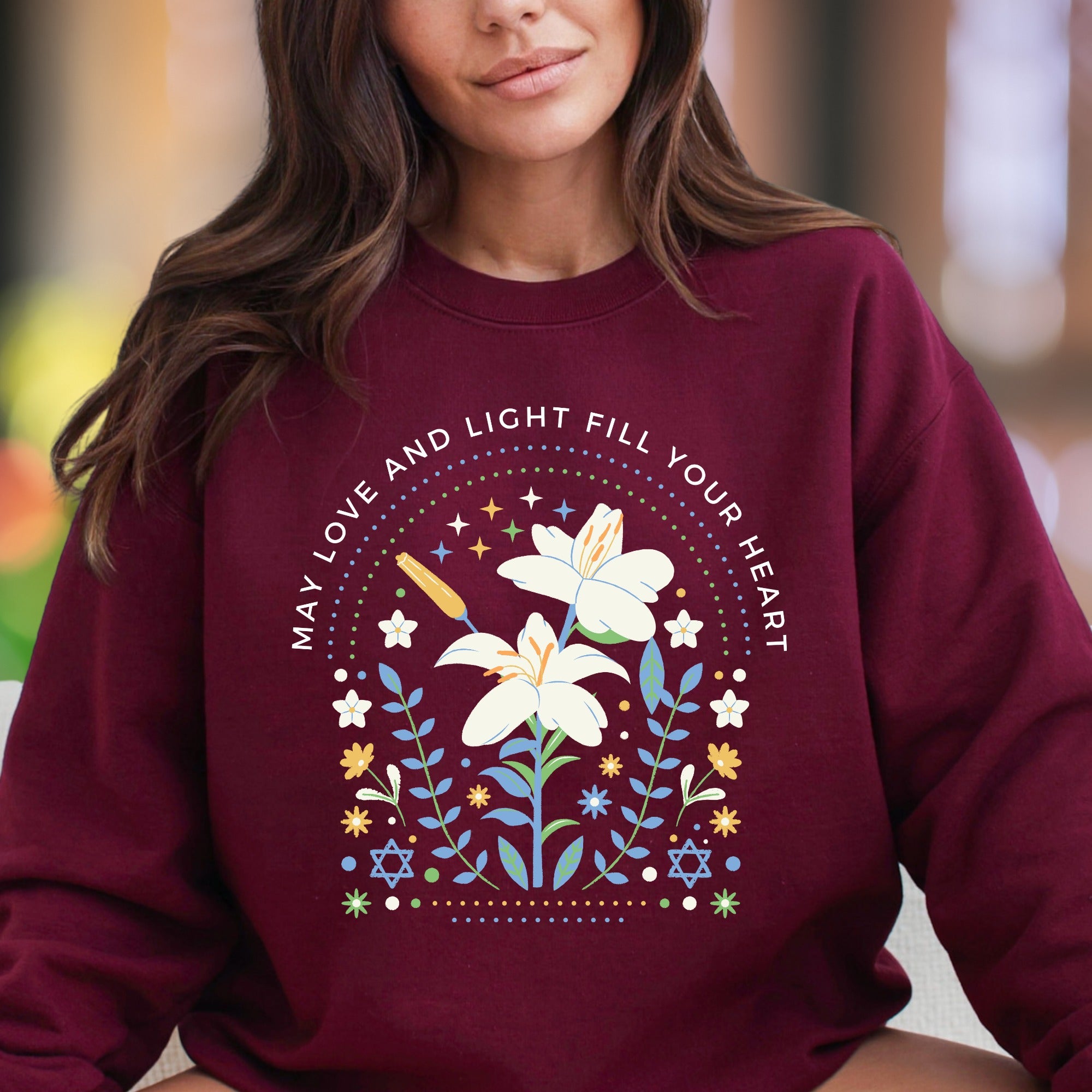 "May Love And Light Fill Your Heart" | Floral Graphic Unisex Adult Sweatshirt | Inspirational Art