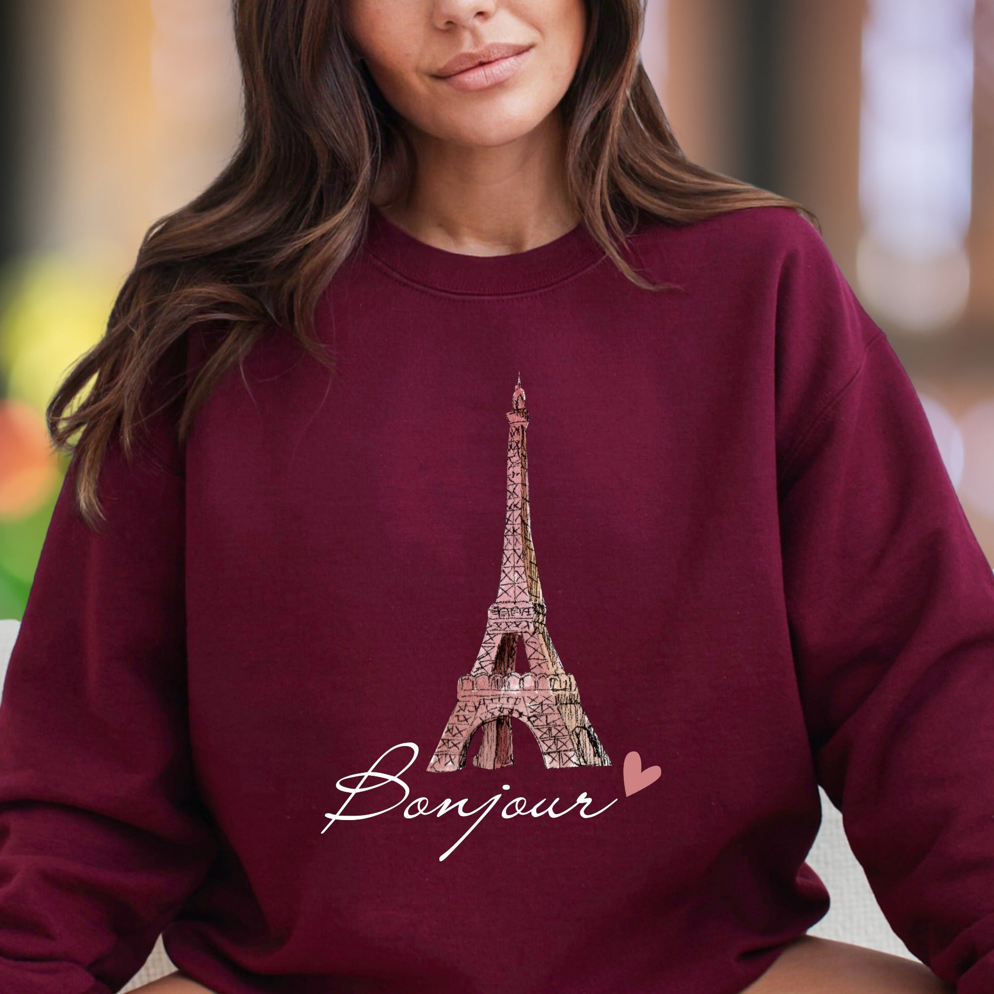 "Bonjour" | Parisian Eiffel Tower Unisex Adult Sweatshirt | Travel & Lifestyle