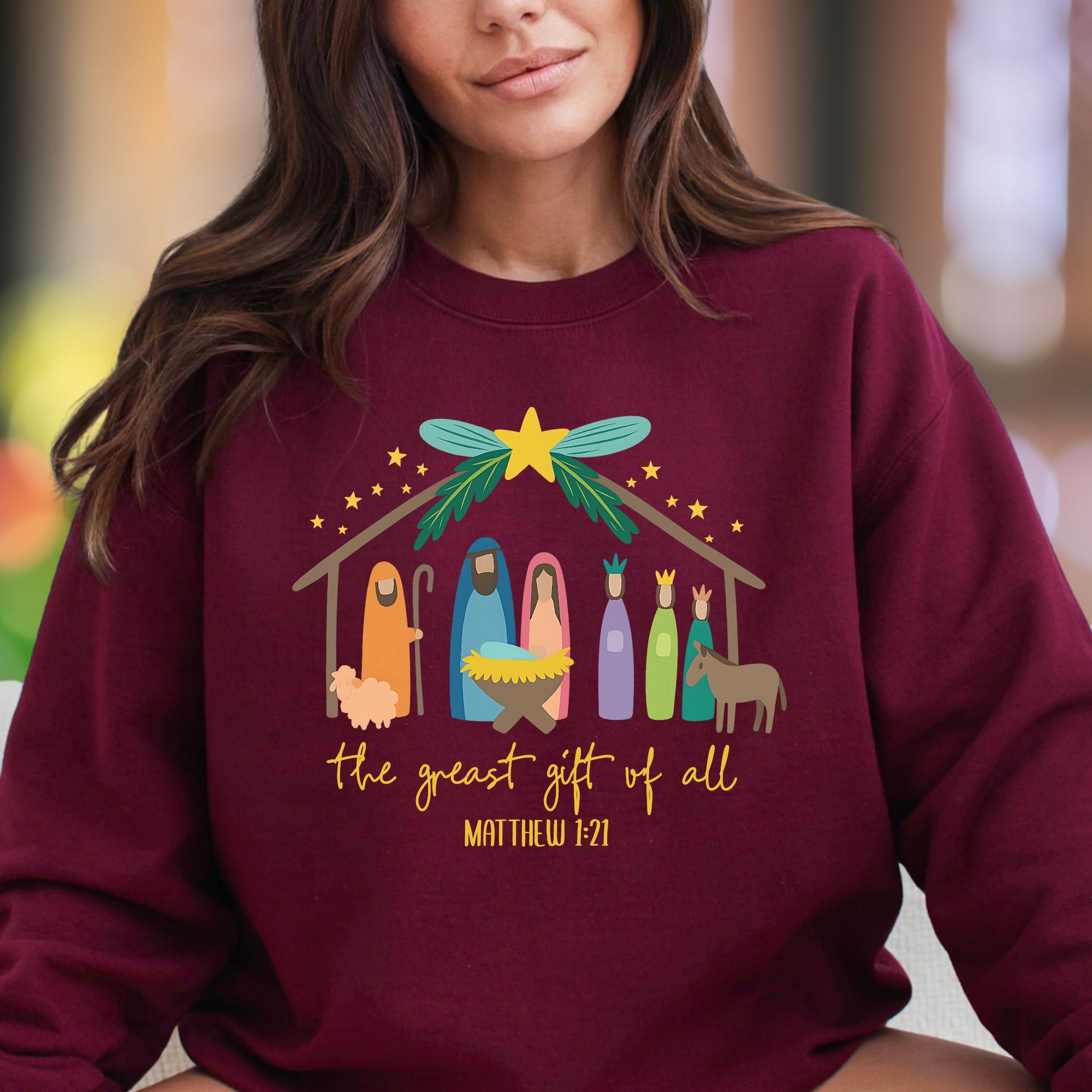 "the greast gift of all MATTHEW 1:21" | Nativity Scene Unisex Adult Sweatshirt | Festive Lifestyle