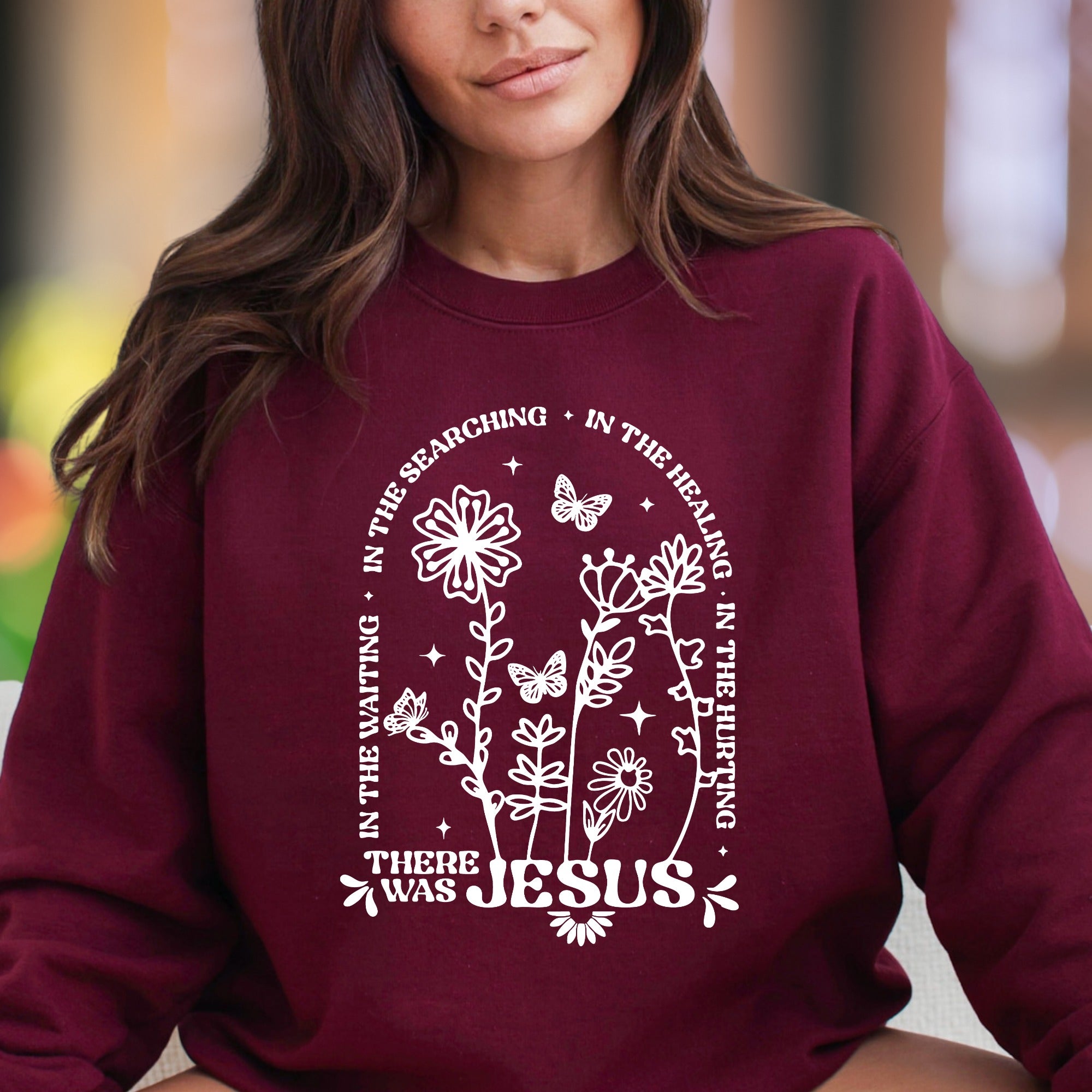 "In The Searching... There Was Jesus" | Botanical Typography Unisex Adult Sweatshirt | Faith-Inspired Lifestyle