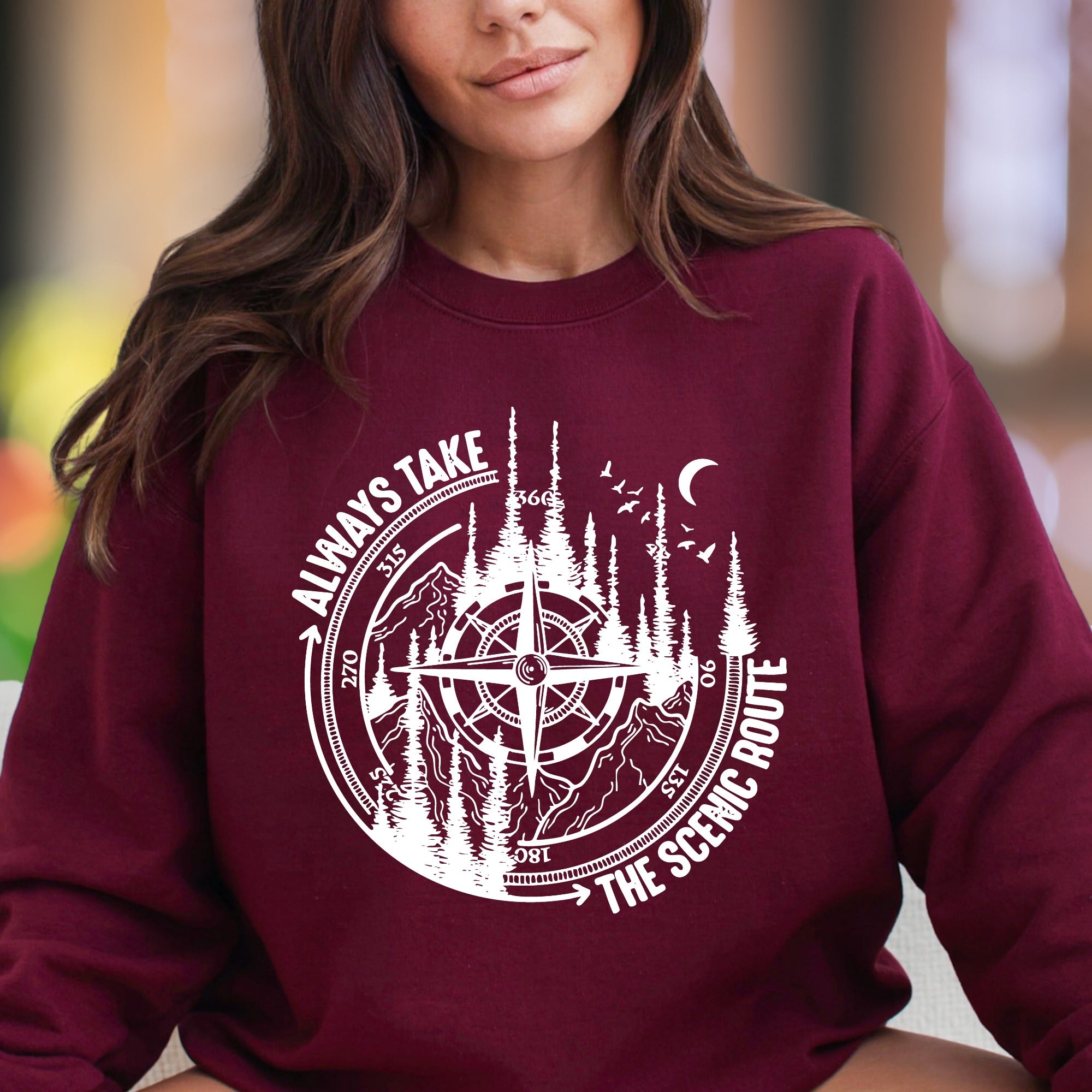 "ALWAYS TAKE THE SCENIC ROUTE" | Nature Compass Unisex Adult Sweatshirt | Adventurous Lifestyle