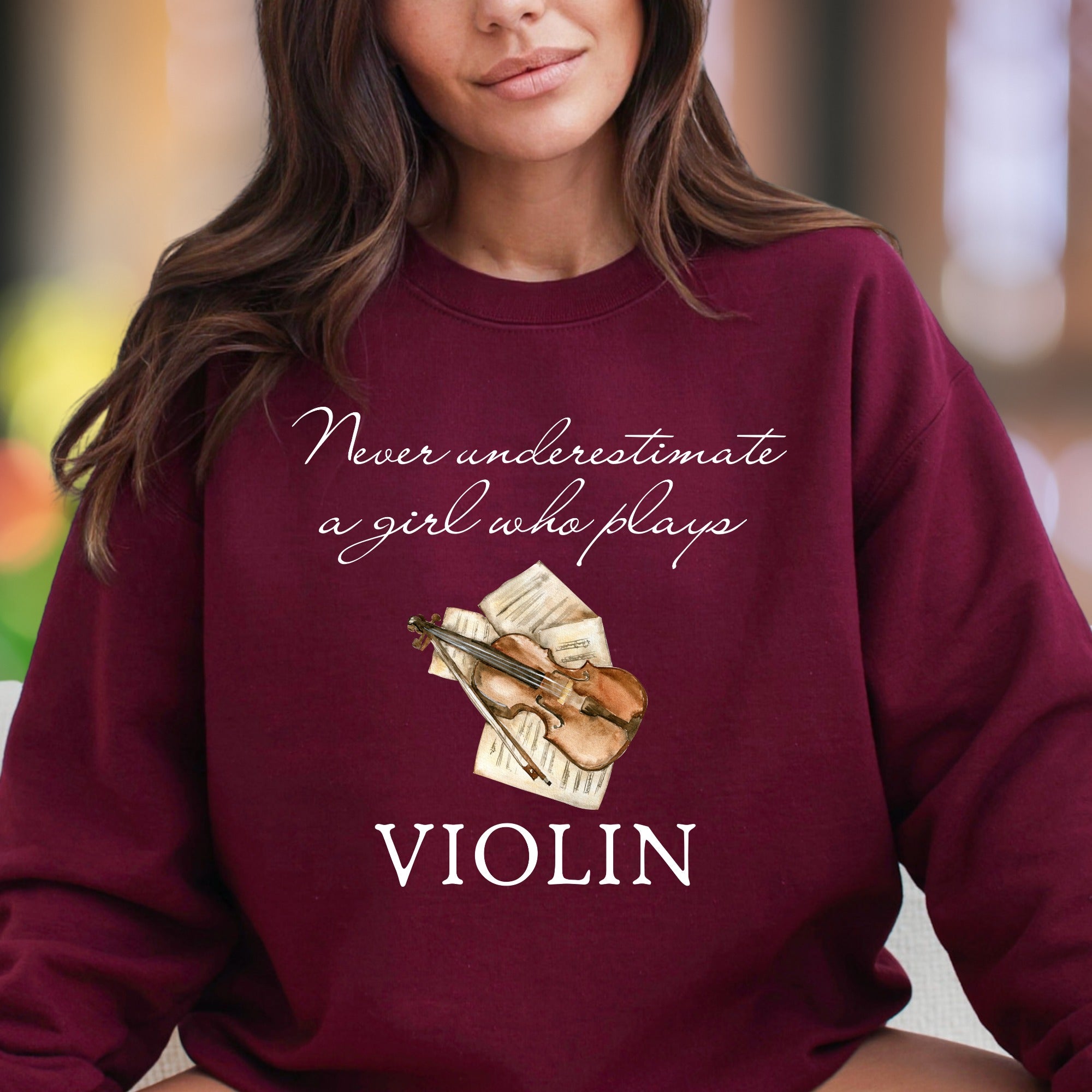 "Never Underestimate A Girl Who Plays Violin" | Musical Graphic Unisex Adult Sweatshirt | Creative Lifestyle