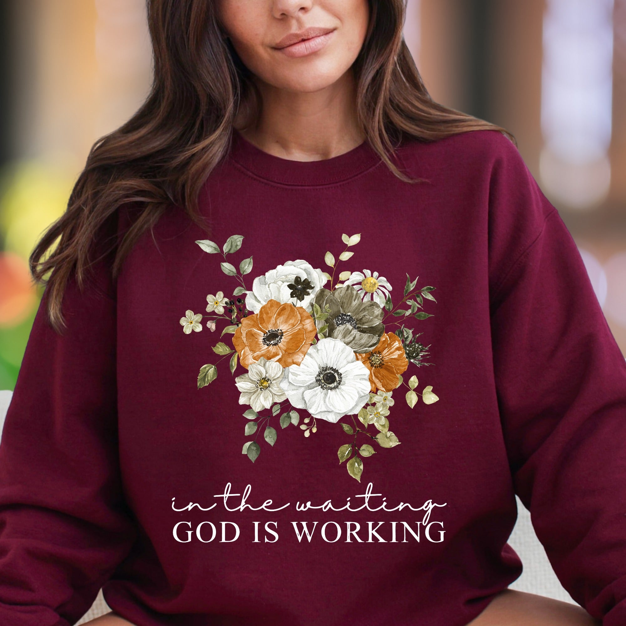 "In The Waiting God Is Working" | Floral Typography Unisex Adult Sweatshirt | Inspirational Lifestyle