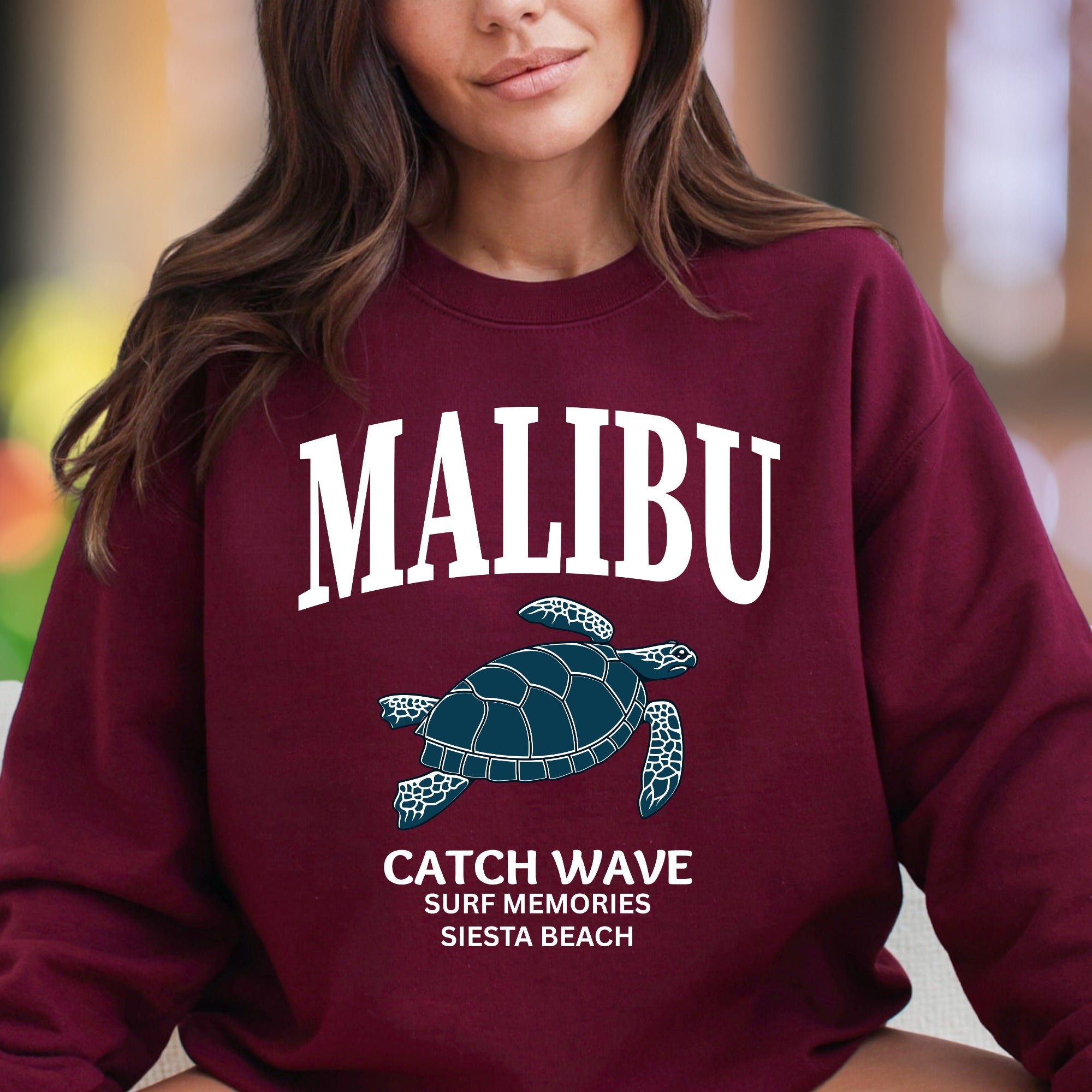 "MALIBU Catch Wave Surf Memories" | Ocean Vibe Unisex Adult Sweatshirt | Coastal Lifestyle
