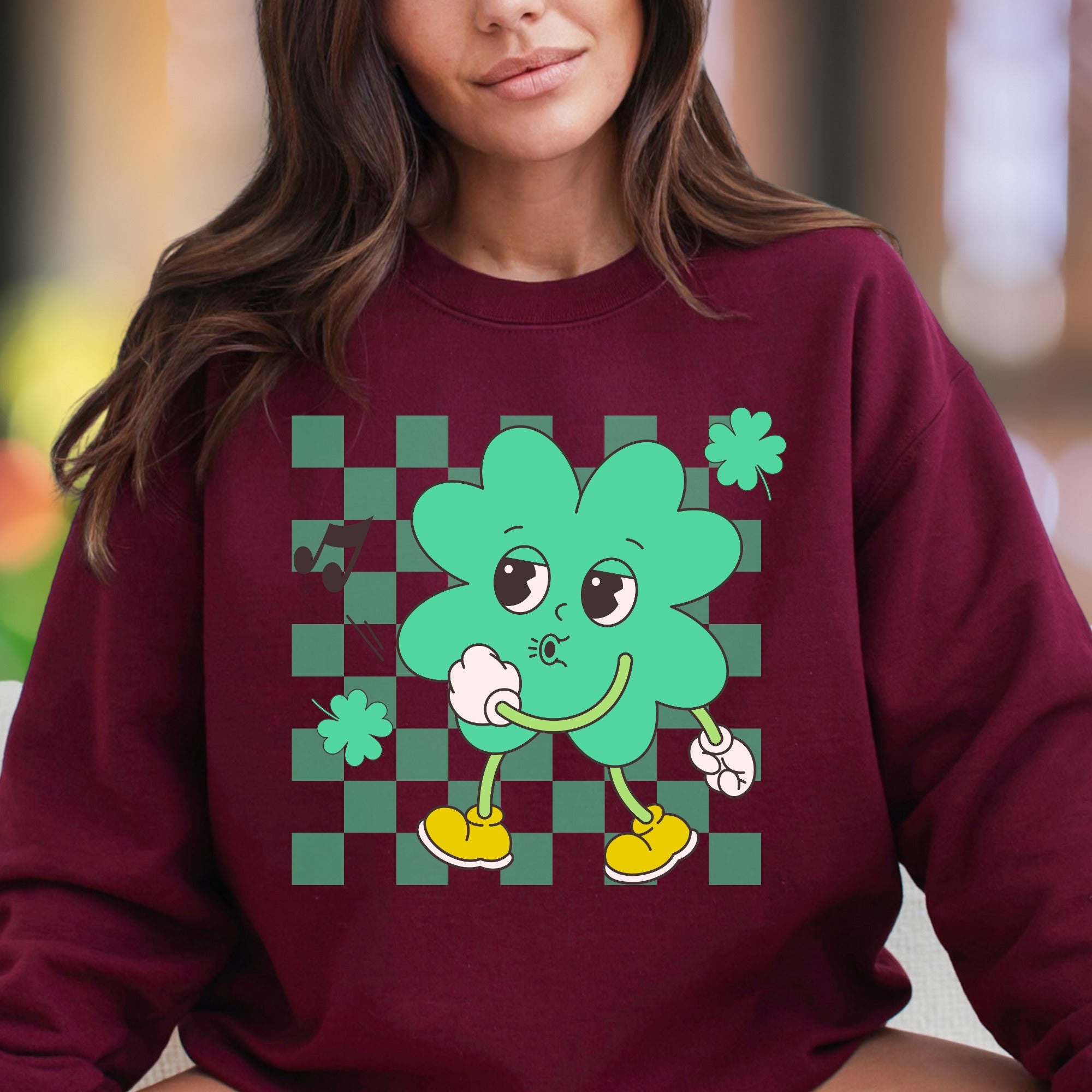 "Whistling Shamrock Character" | Retro Cartoon Unisex Adult Sweatshirt | Playful Lifestyle