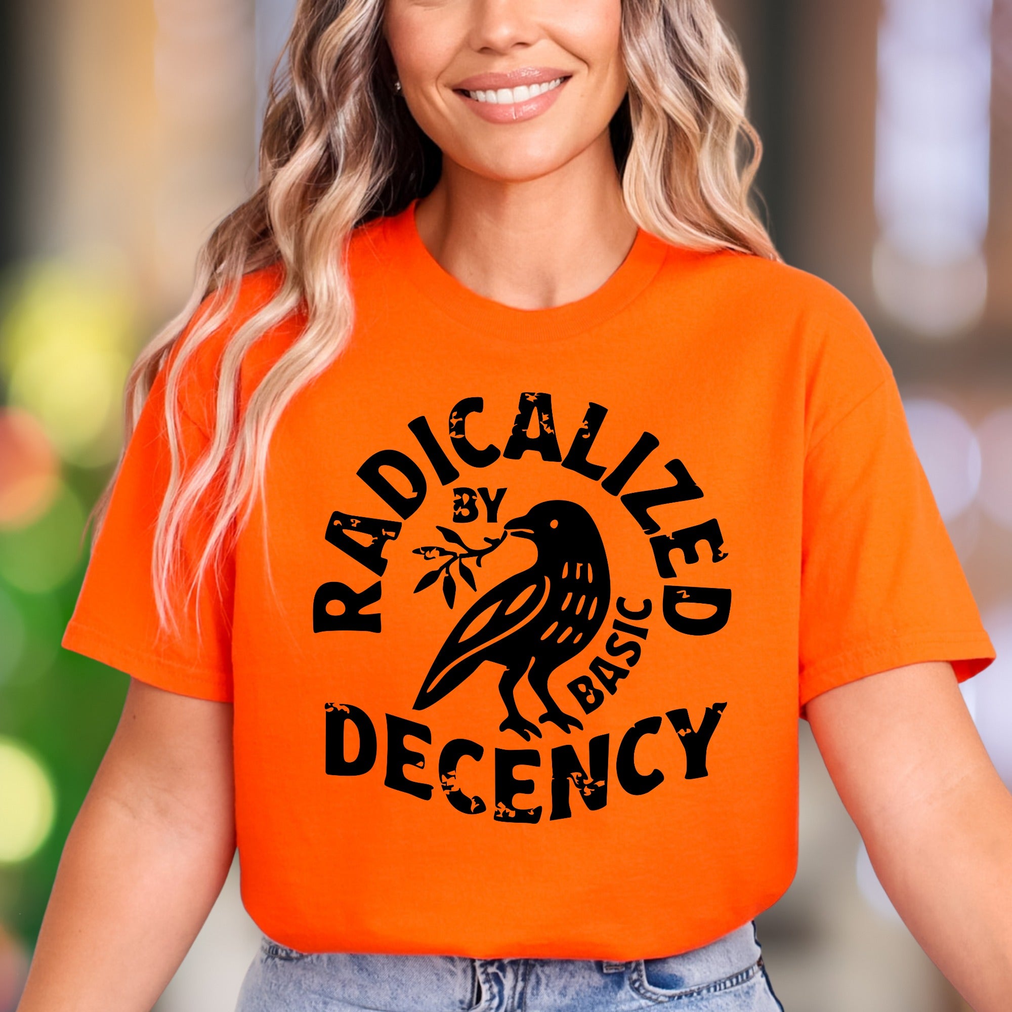 "Radicalized By Basic Decency" | Distressed Typography Unisex Adult T-Shirt | Statement Apparel