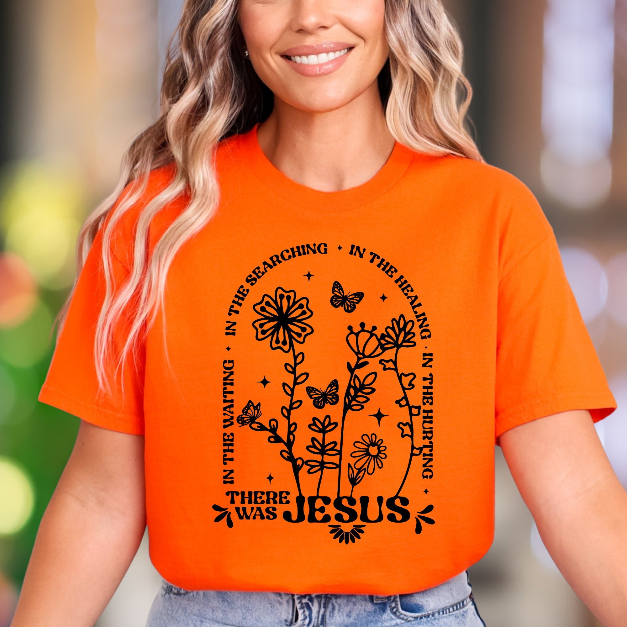 "In The Waiting, In The Searching, In The Healing, In The Hurting There Was Jesus" | Floral Graphic Unisex Adult T-Shirt | Faith-Inspired Lifestyle