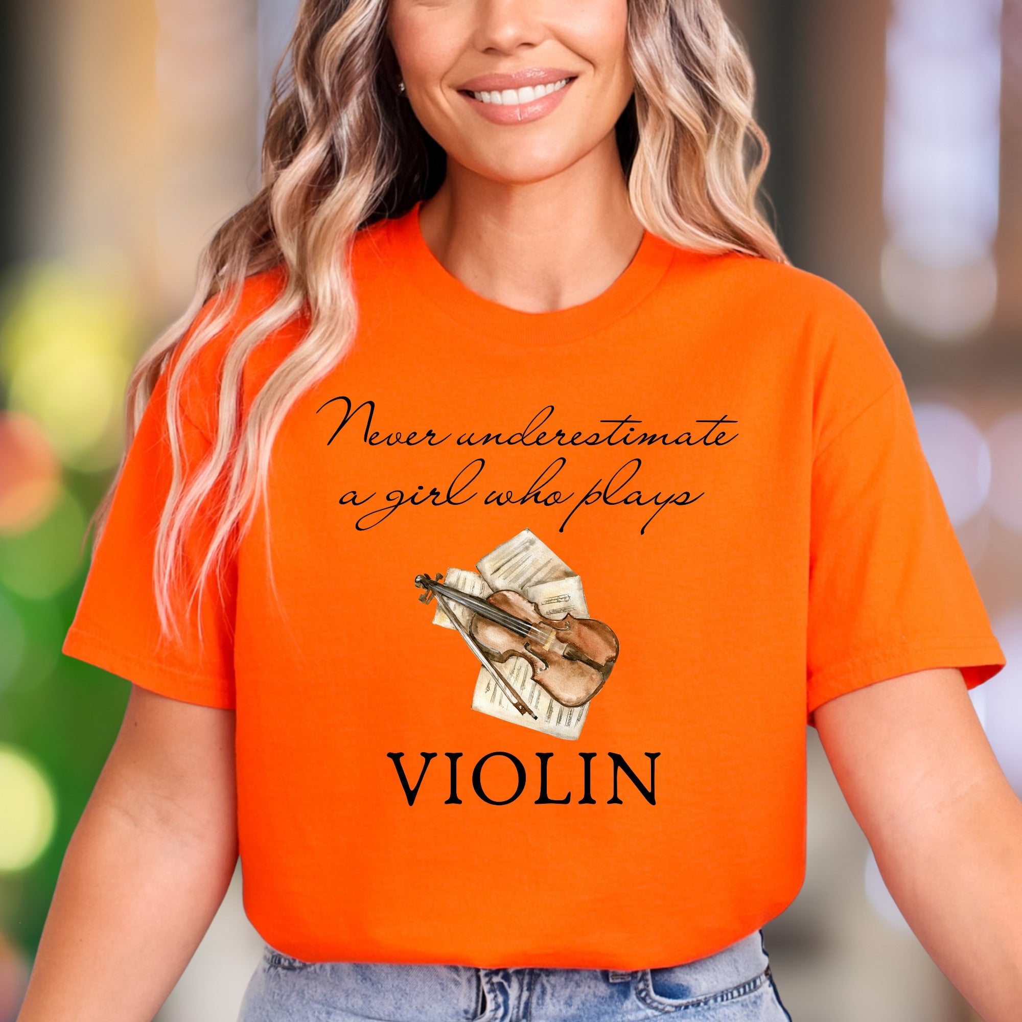 "Never underestimate a girl who plays VIOLIN" | Artistic Graphic Unisex Adult T-Shirt | Musician Lifestyle