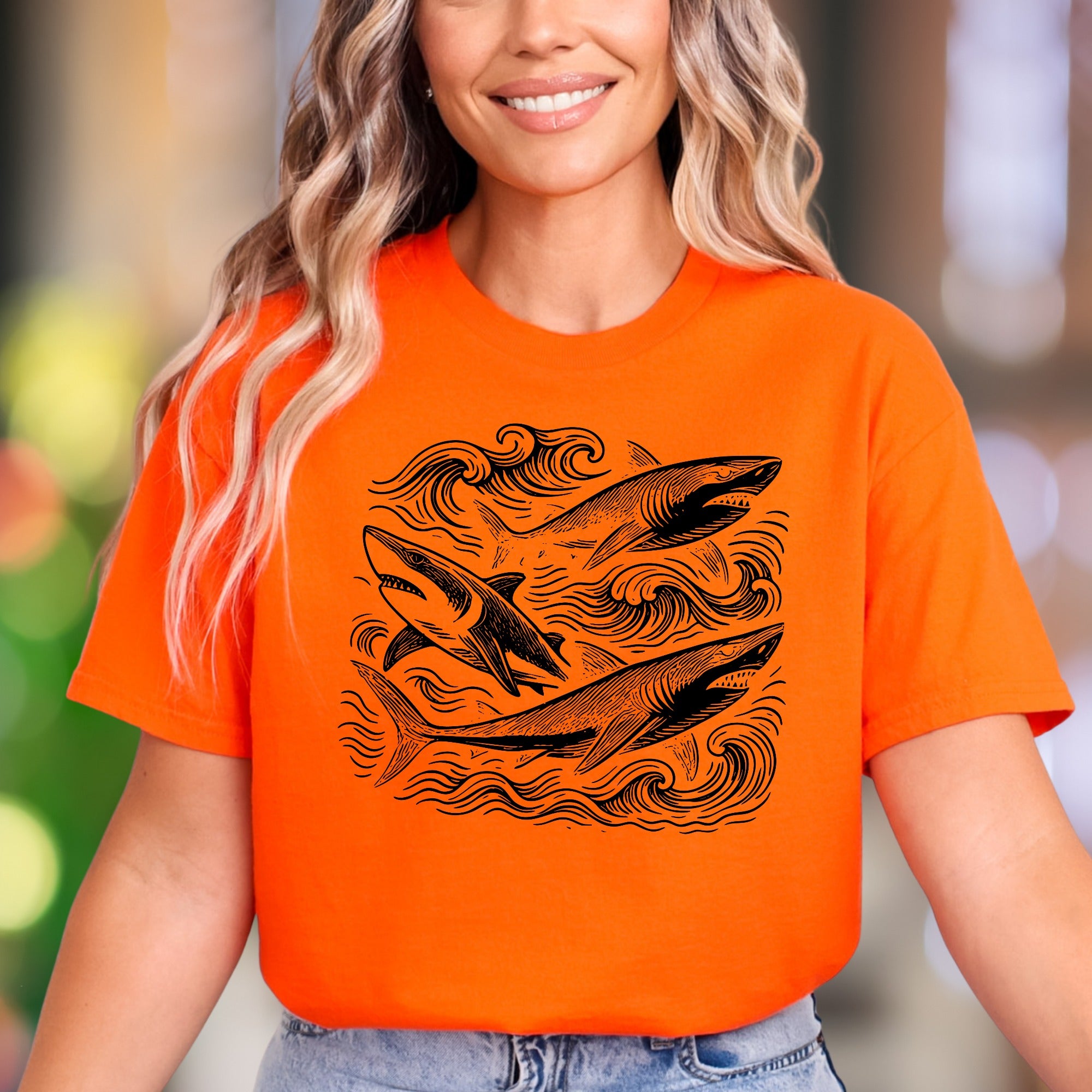 "Sharks with Waves" | Vintage Ocean Graphic Unisex Adult T-Shirt | Marine Lifestyle