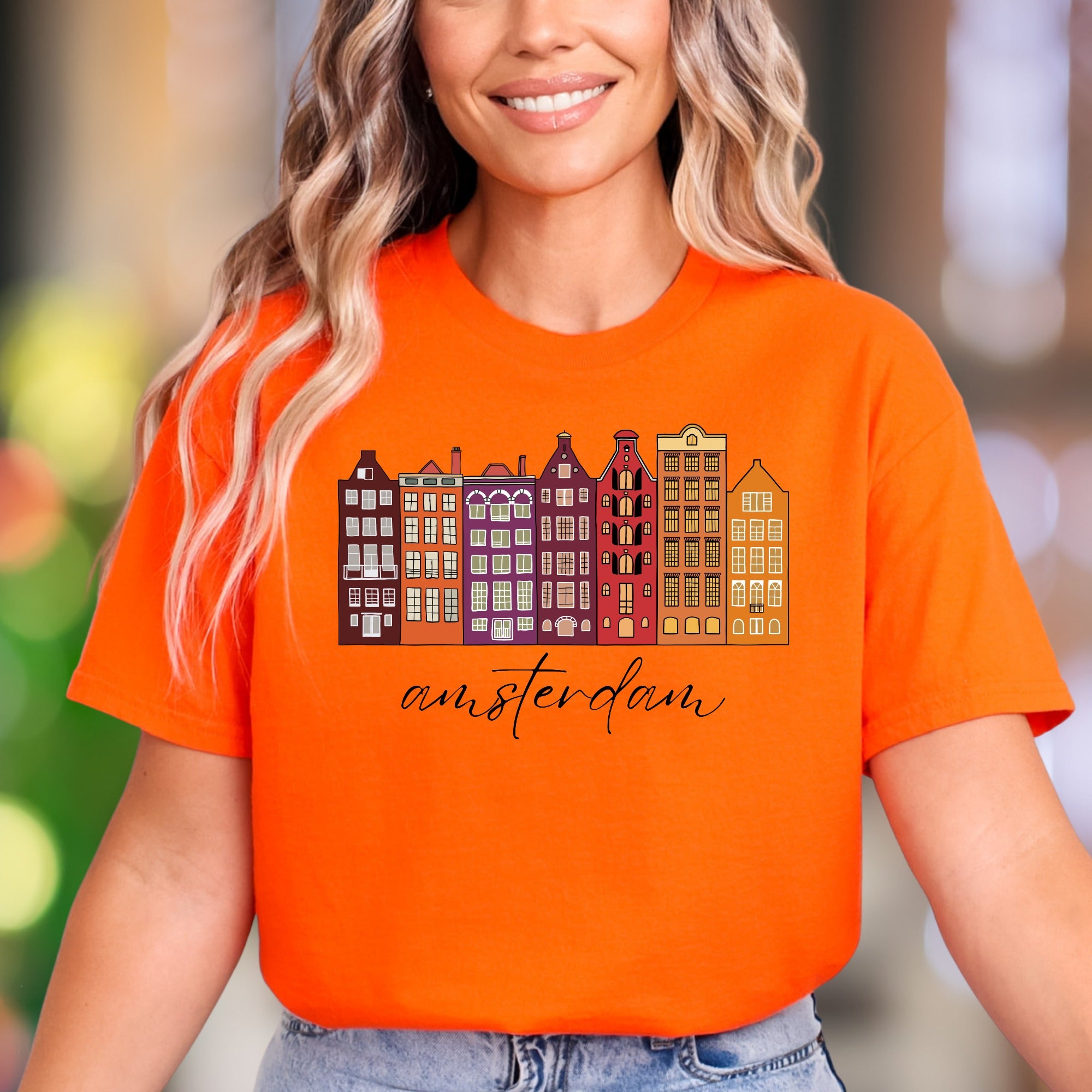"amsterdam" | Colorful Cityscape Unisex Adult T-Shirt | Travel & Culture Apparel