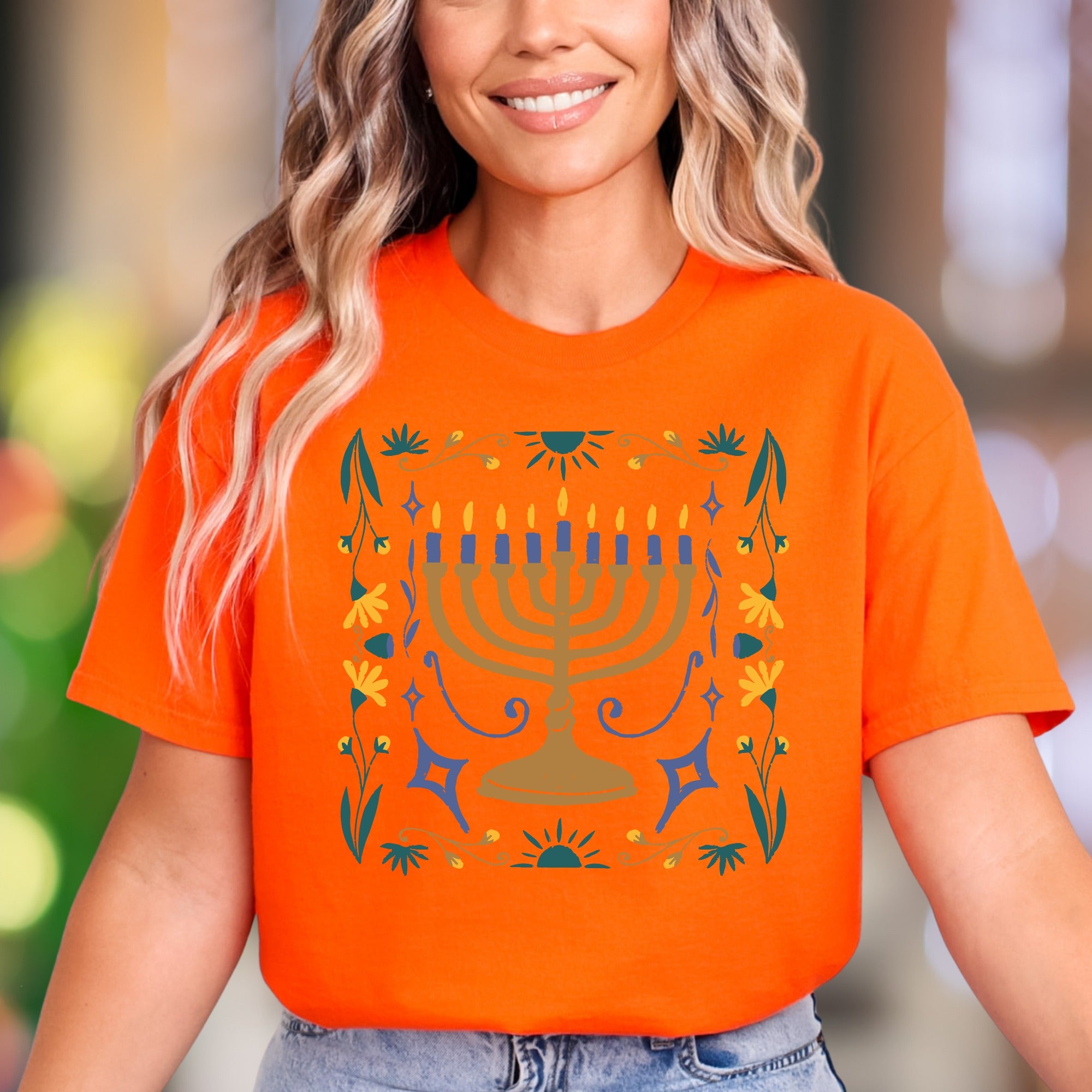 "Menorah & Floral" | Folk Art Unisex Adult T-Shirt | Festive Lifestyle